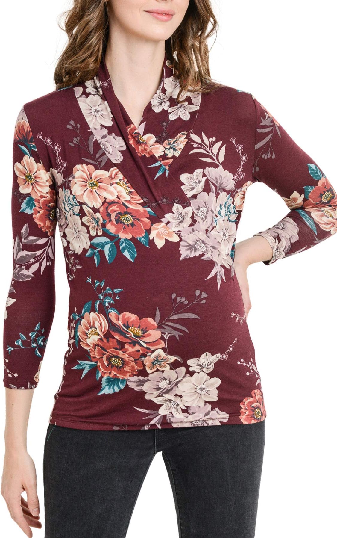 Women's 3/4 Sleeve Surplice Blouse Top - Cross Over, Nursing, Maternity, Wrap, Casual