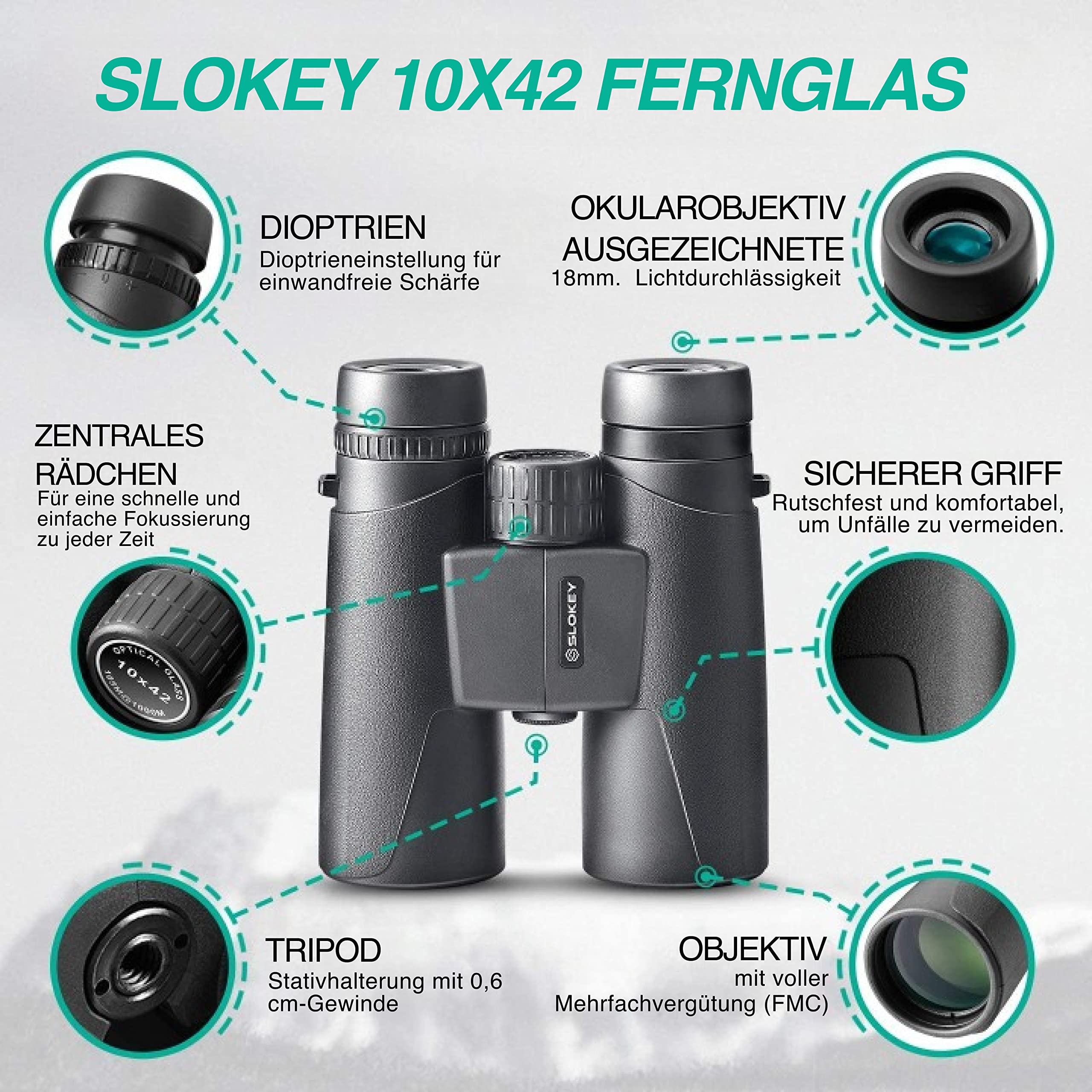 Slokey Fernglas 10x42 - Professionelles und Leistungsstarkes Fernglas mit Großer Reichweite - Leicht und Wasserdicht BAK4- und FMC-Prismen - Ideal für Jagd, Astronomie, Vogelbeobachtung und Camping
