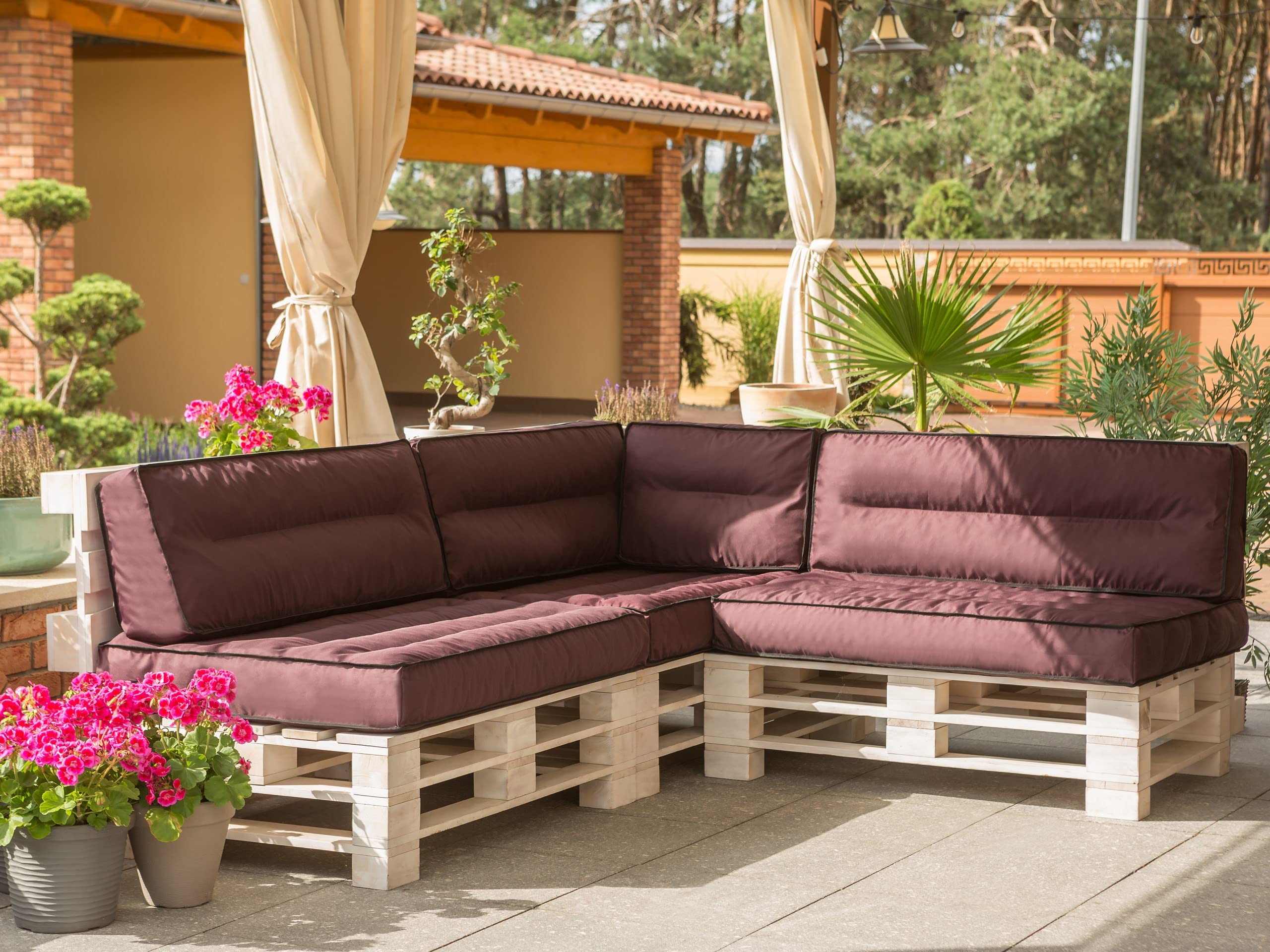 Set di Cuscini per Pallet, 1+2, da Giardino, per attività all'aperto, per Il Tempo Libero, Cuscino Decorativo, Cuscino da combinare, Cuscino da 60 x 40 cm + 120 x 82 cm, Bordeaux