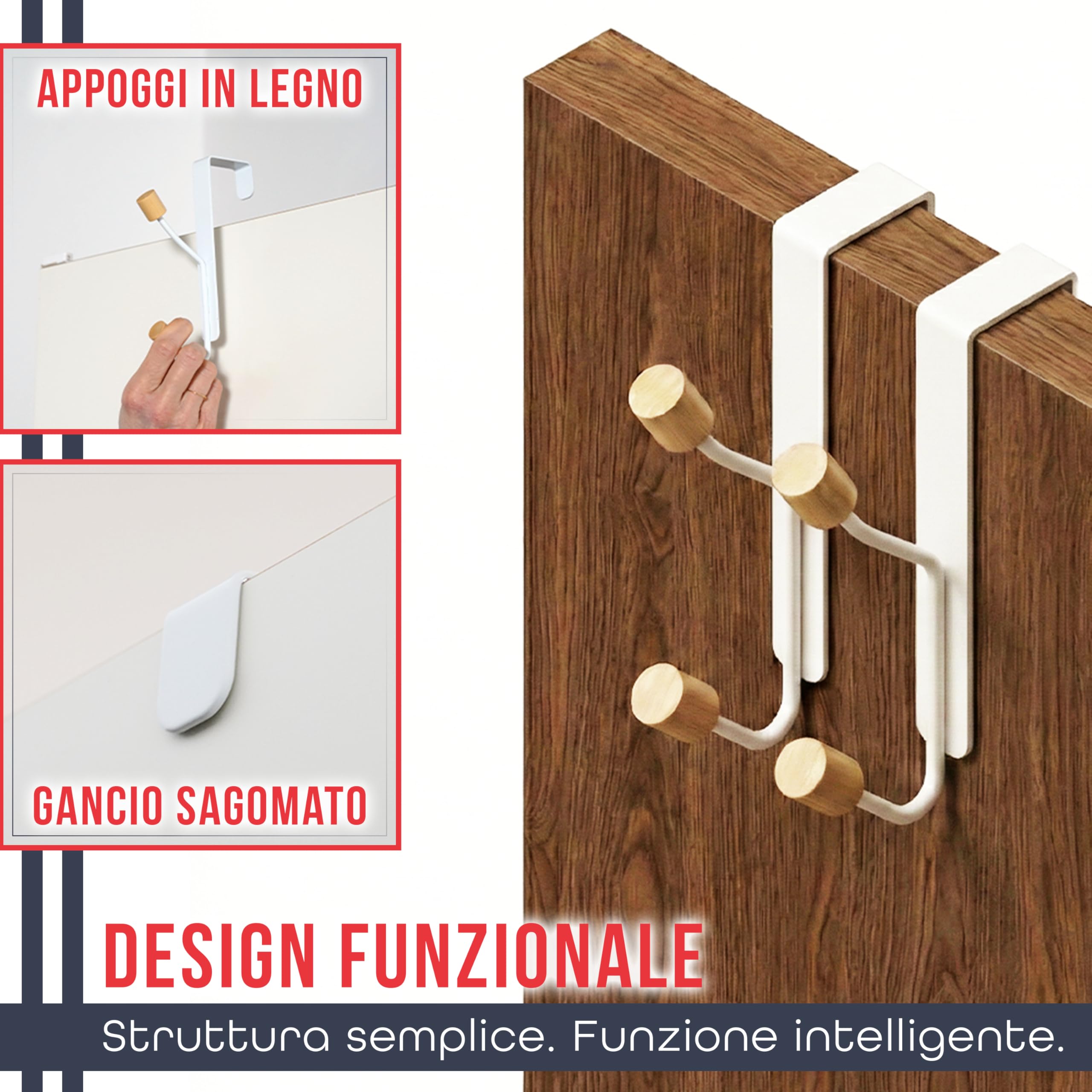 Generico Appendino Porta Abiti da Porta Senza Forare – Set 2 Ganci Appendiabiti con Terminali in Legno
