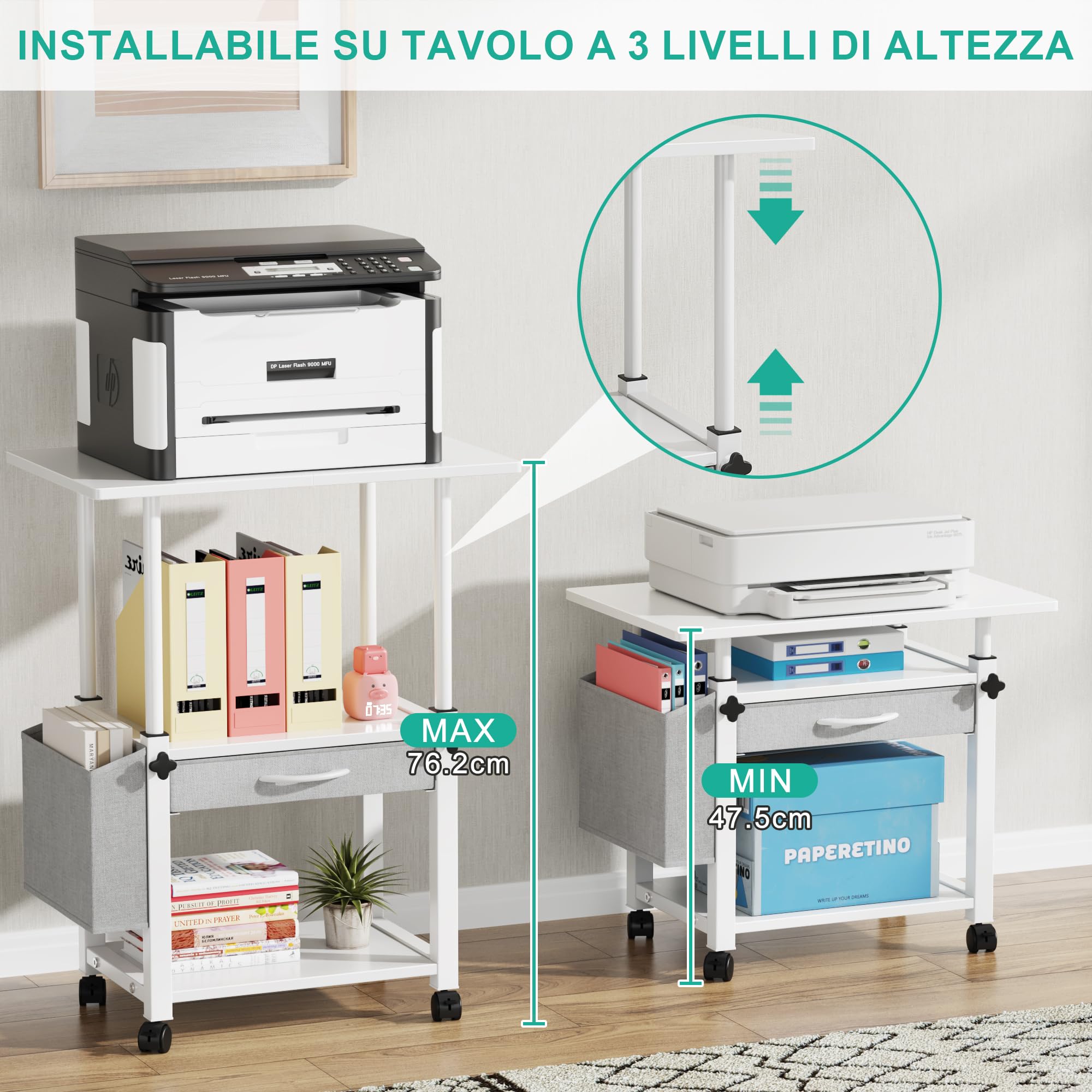 Mobile Porta Stampante a 3 Livelli con Cassetto in Tessuto, Supporto per Stampante Mobiletto con Ruote&Borsa Laterale, Altezza regolabile, Scaffale da Scrivania per Ufficio Domestico, Bianco