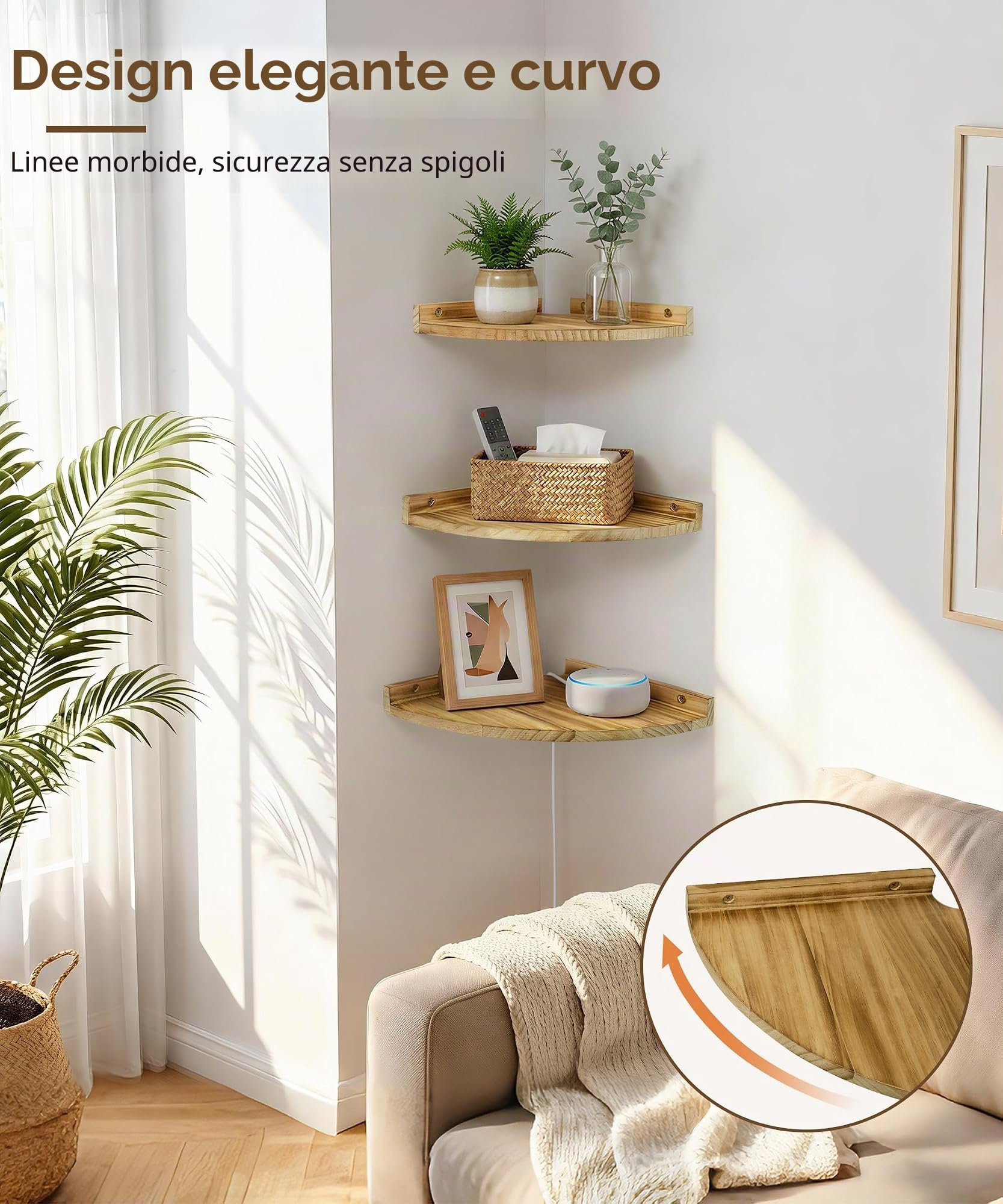 Scaffale angolare da parete in legno, set da 3 scaffali galleggianti, stile vintage, rustico, per la parete, libreria, con estremità rotonda, per bagno, cucina, camera da letto, soggiorno