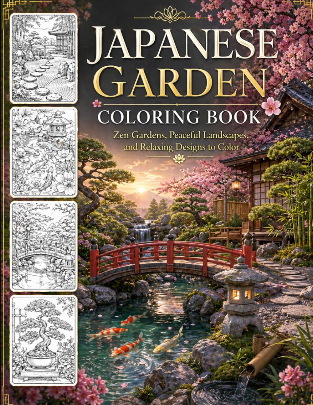 Japanese Garden Coloring Book: Zen Gardens, Peaceful Landscapes, and Relaxing Designs to Color