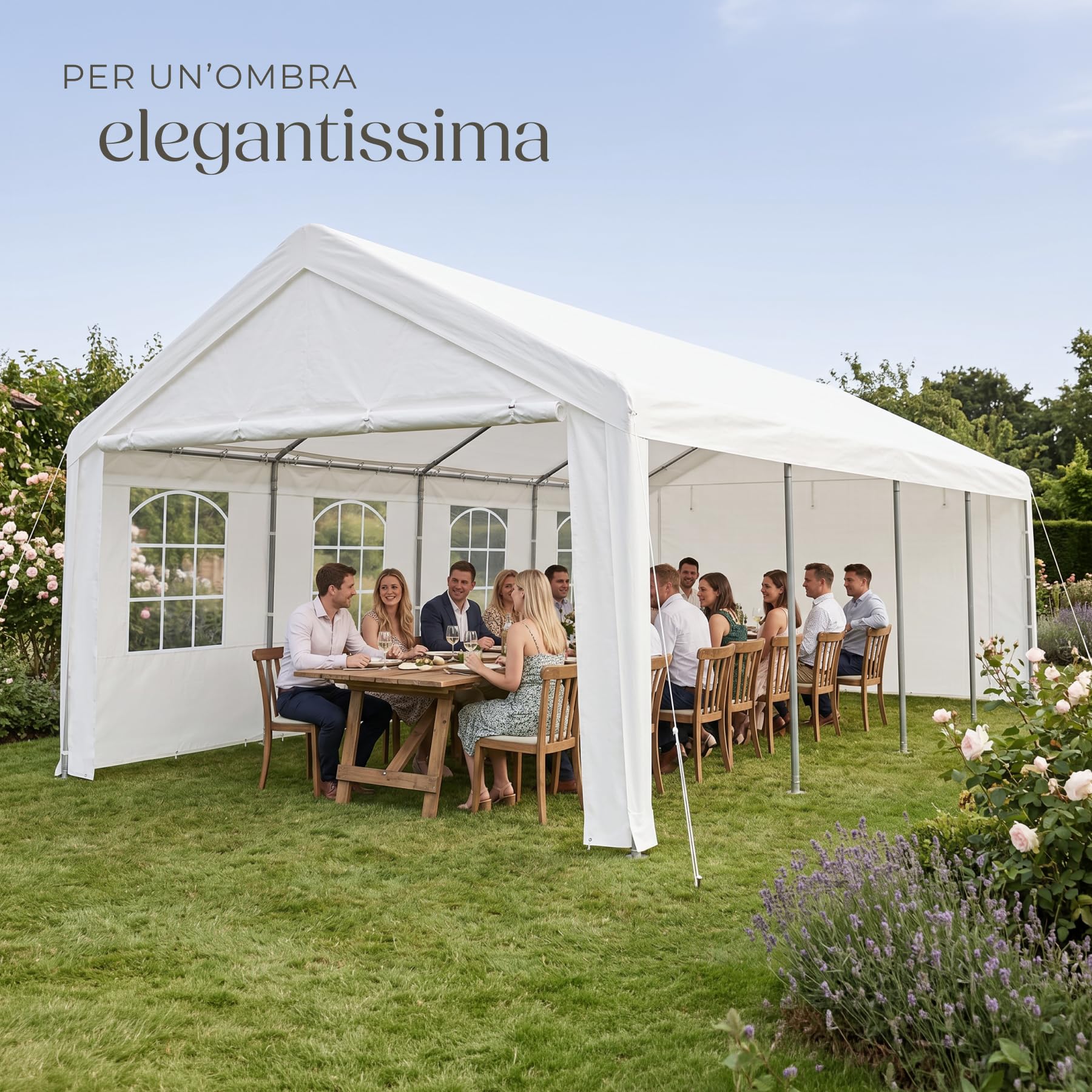 tectake® Tendone per Feste 8 x 4 m, Gazebo Impermeabile, Protezione UV 50+ | 2 Pareti Laterali e 2 Pannelli Frontali Rimovibili, Finestre Ampie, Telone Antistrappo, Telaio Acciaio Verniciato, Bianco