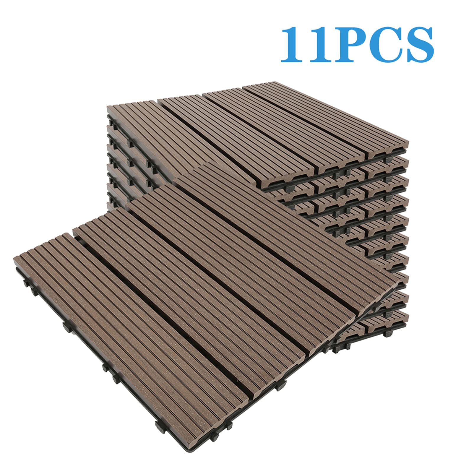 WPC Carrelage en Plastique Composite Revêtement de sol Extérieur Dalles en Bois-plastique Extérieur Caillebotis Système Plug-in pour Terrasse Jardin Balcon (11 pièces-30 * 30cm (marron))