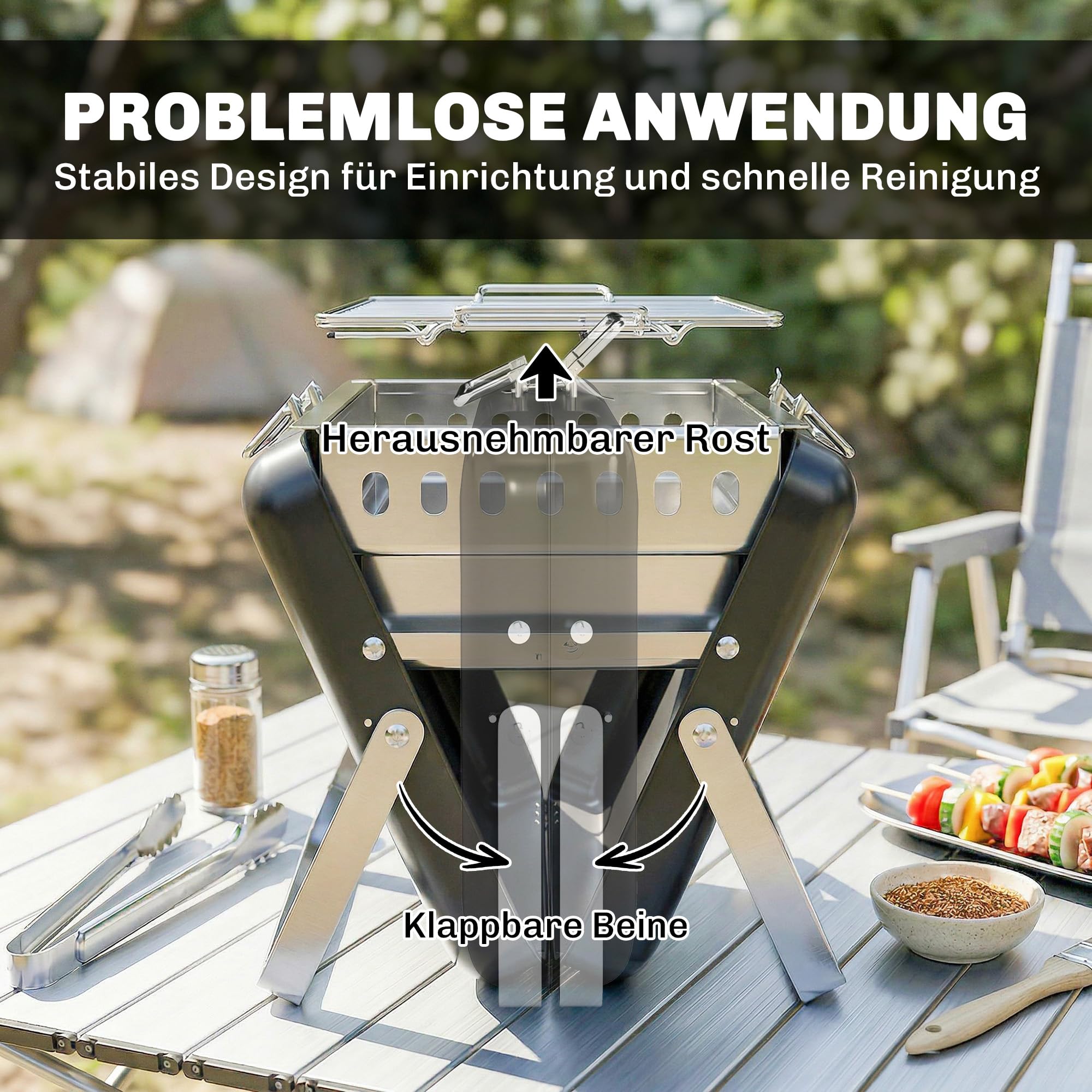 Outsunny Barbacoa portátil de carbón Plegable Negro | Con asa, patas plegables, para camping, jardín, cocina al aire libre.
