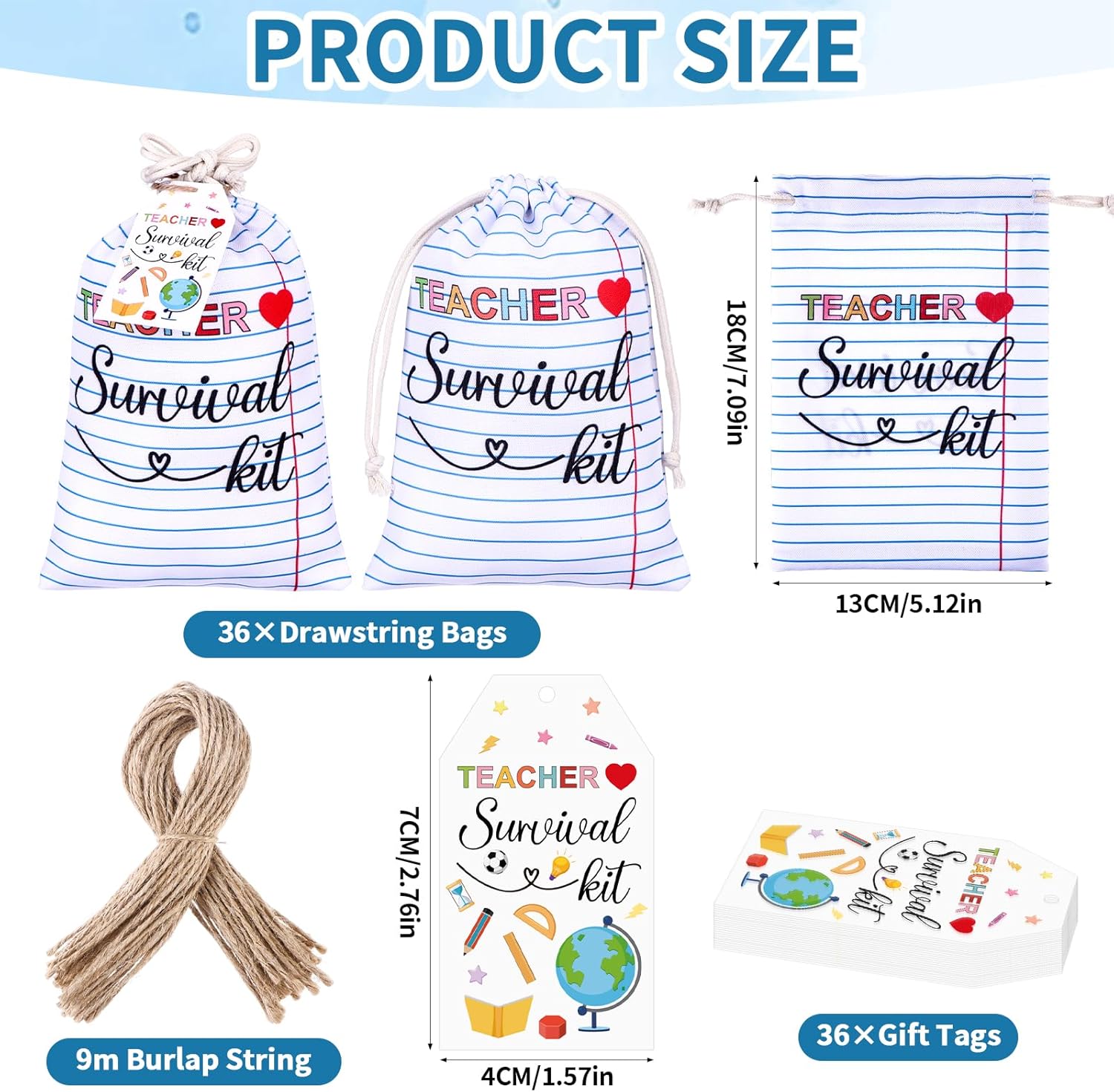 36 Sets Teacher Appreciation Gift Bags Bulk Teacher Survival Kit Drawstring Bags with Tags Ropes Teacher Appreciation Drawstring Bags Canvas Makeup Pouch for Teachers Gifts Back to School Graduation