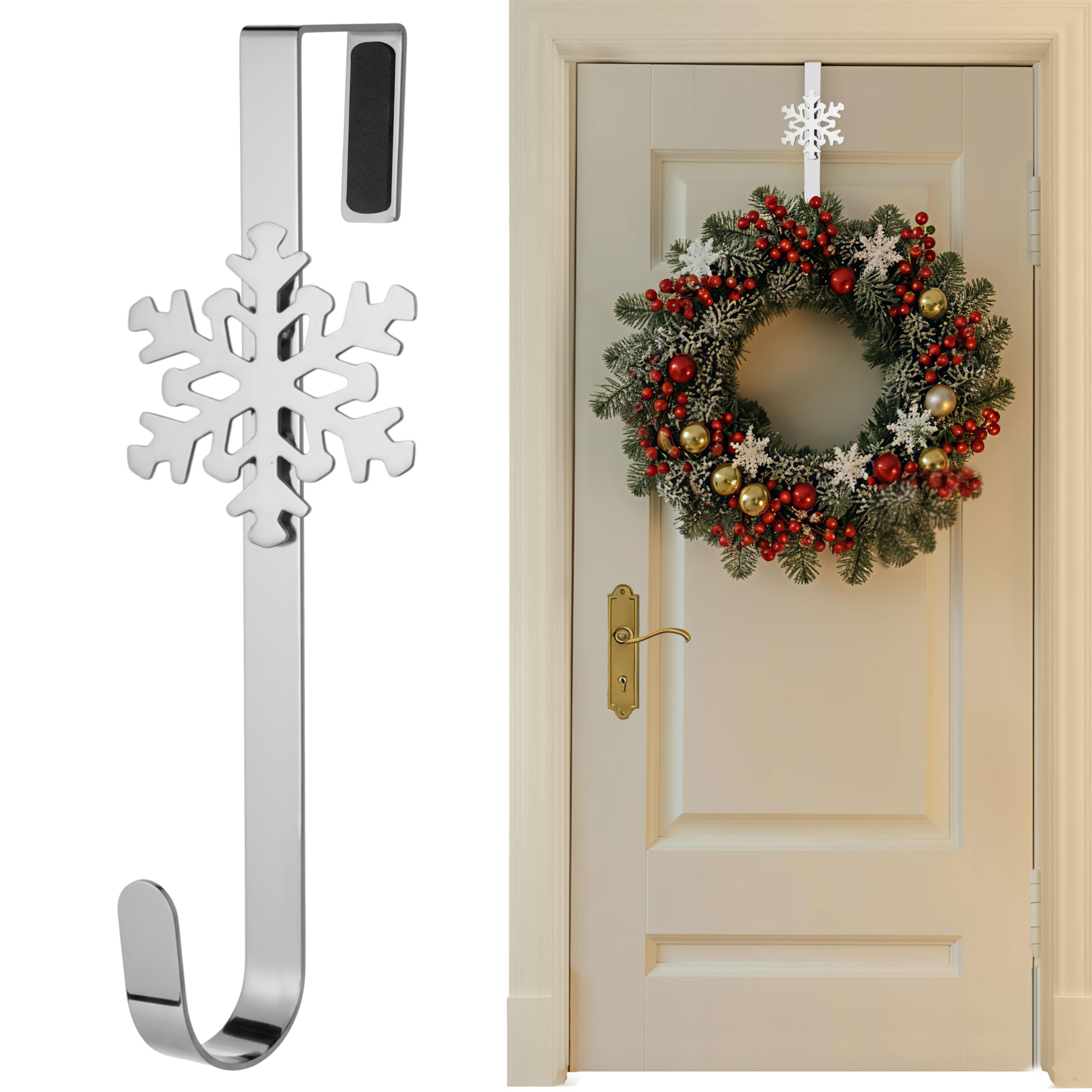 Sr Essentials Silver Ramadan & Eid Wreath Hanger For Front Door 12 Inch – Decorative Snowflake Over Door Hook, Metal Wreath Holder For Eid Mubarak Sign, Easter, Wedding & Welcome Door Decoration (Silver)