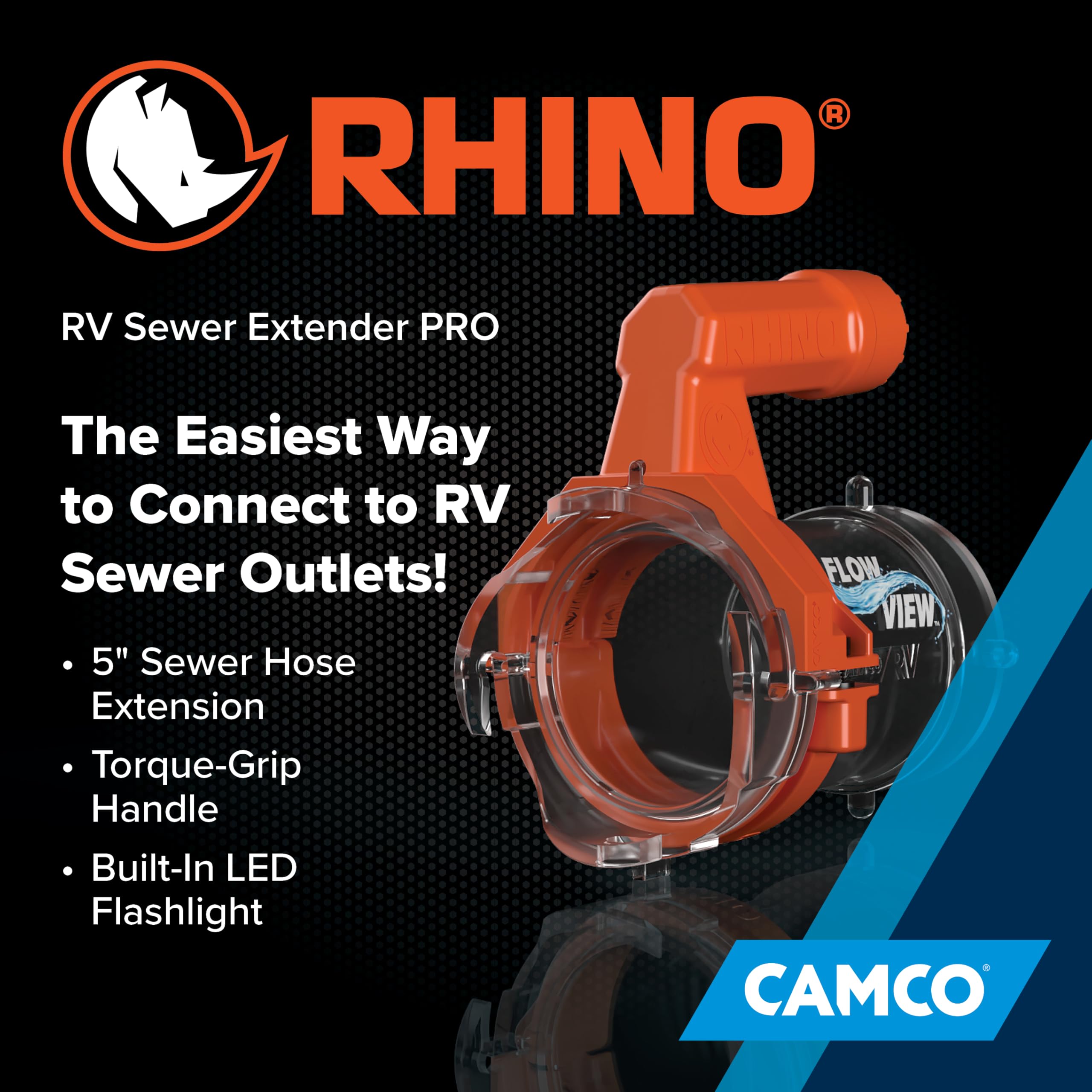 Camco Rhino 39570 Wohnmobil-Abwasserschlauchverlängerung – 12,7 cm – Drehmomentgriff mit integrierter LED-Taschenlampe – der einfachste Weg, Ihren Wohnmobil-Abwasserschlauch anzuschließen