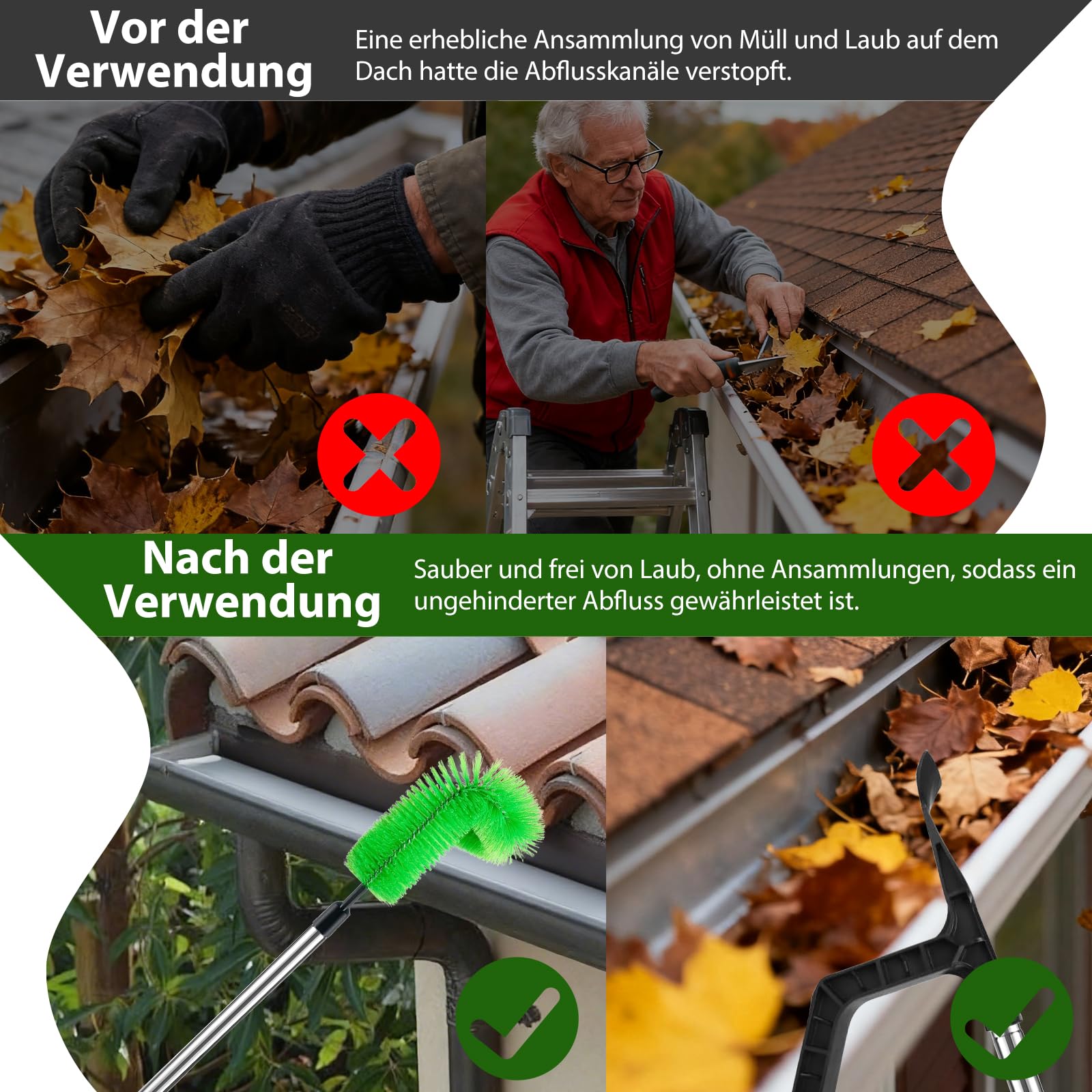 ACESOME Dachrinnenbürste 350cm Dachrinnenreiniger, Dachrinnen Reinigung, Teleskop Tachrinnenreiniger Leicht zu Zerlegen, für Reinigen von Blättern Schmutz Fenstern Dachrinnen Kronleuchtern (2 Bürsten)