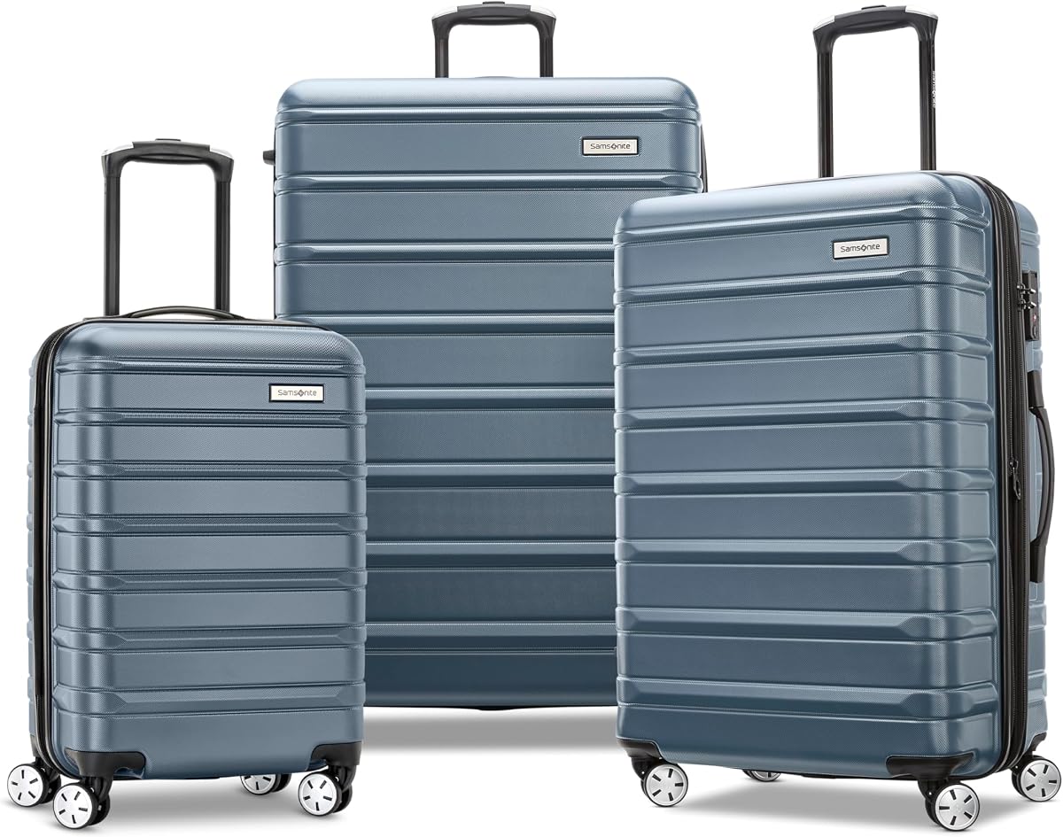 Omni 2 Hardside Juego de 3 piezas - Incluye maletas de mano, medianas y grandes a cuadros - Ruedas giratorias dobles de 360° - Bloqueo y expansión TSA integrados - Exclusivo de Amazon - Azul estado