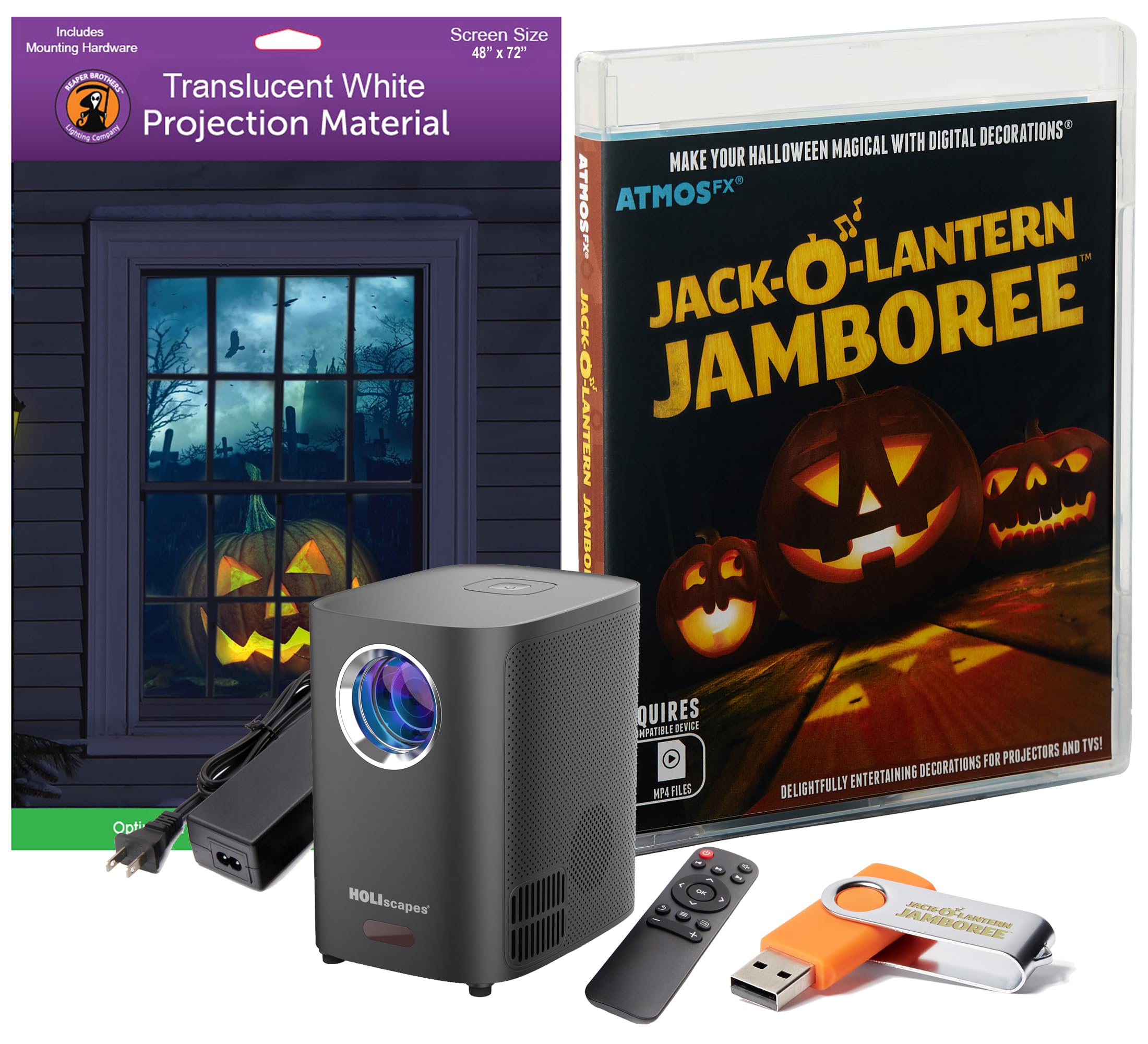 HoliScapes® USB Projector Kit - AtmosFX Jack-O-Lantern Jamboree USB + Projector + 48" x 72" Large White Holographic Screen for Halloween Projection