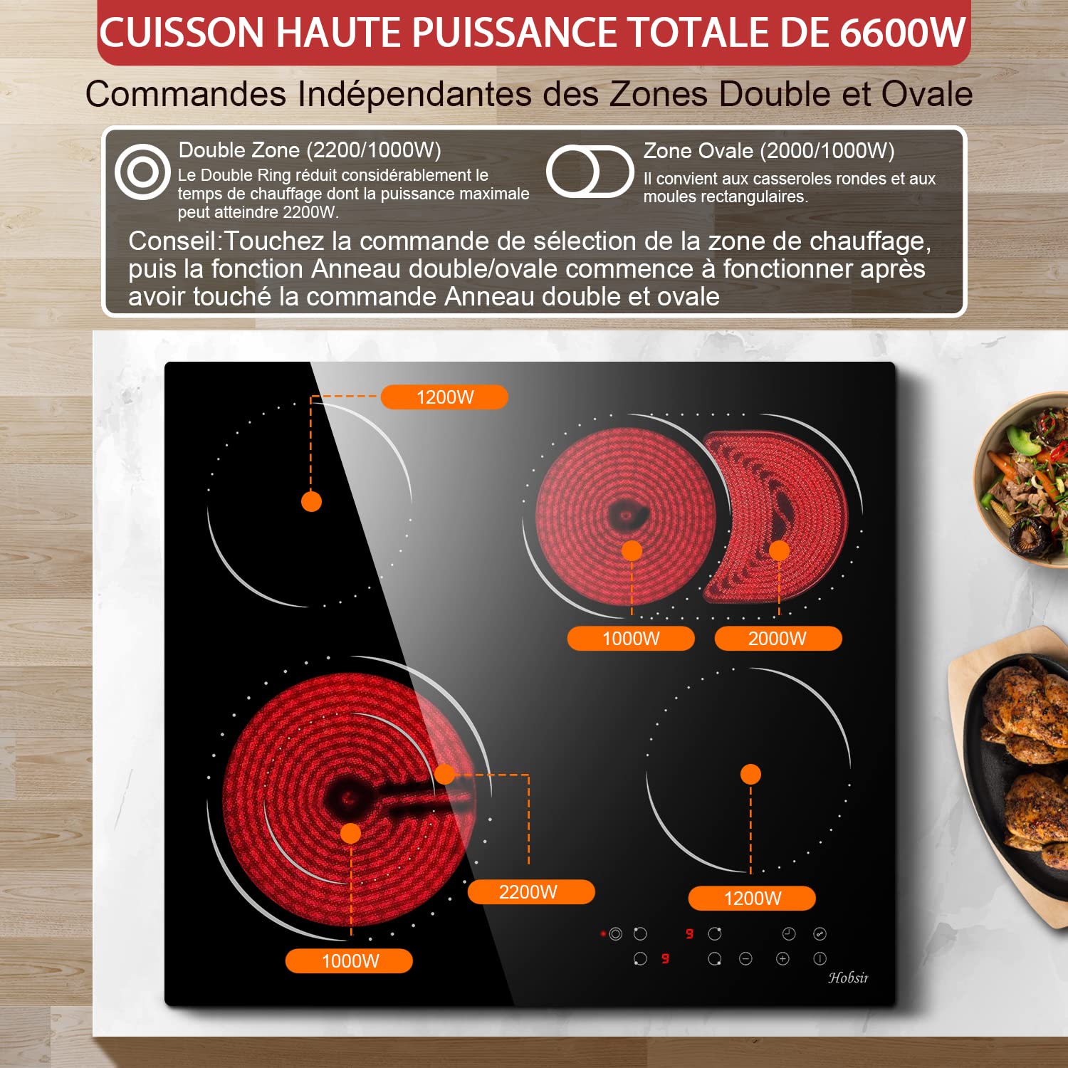 Hobsir Plaque Vitrocéramique 4 Feux, Plaque Cuisson électrique Encastrable 60cm, 6600W, Table de Cuisson avec Zones Ovale et Double Flexibles, Contrôle Tactile, Minuterie, Sans Prise, 240V