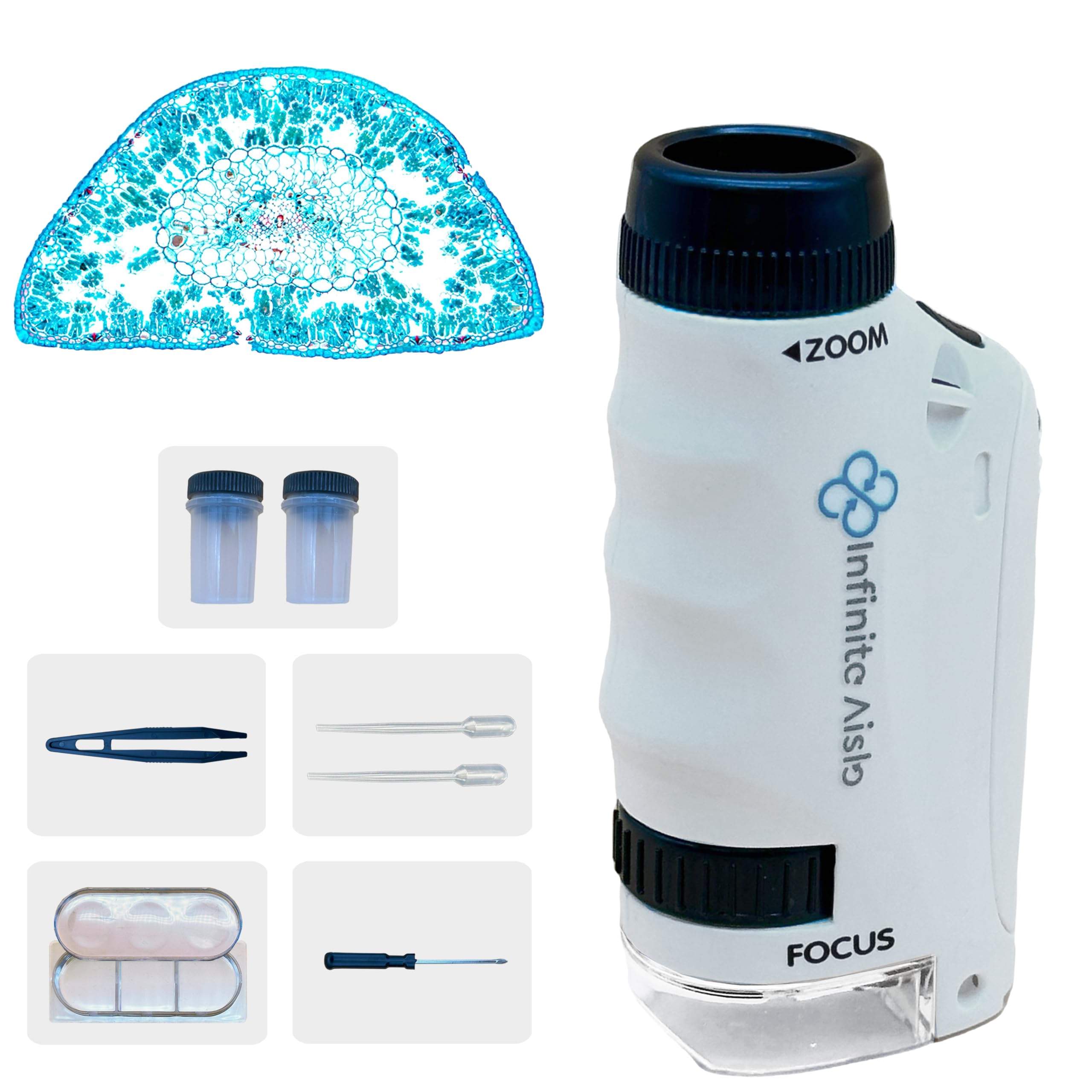 Produktbild von Infinite Aisle Taschenmikroskop 60X-120X Mit LED – Tragbar, Für Kinder & Erwachsene, Inkl. Smartphone-Adapter