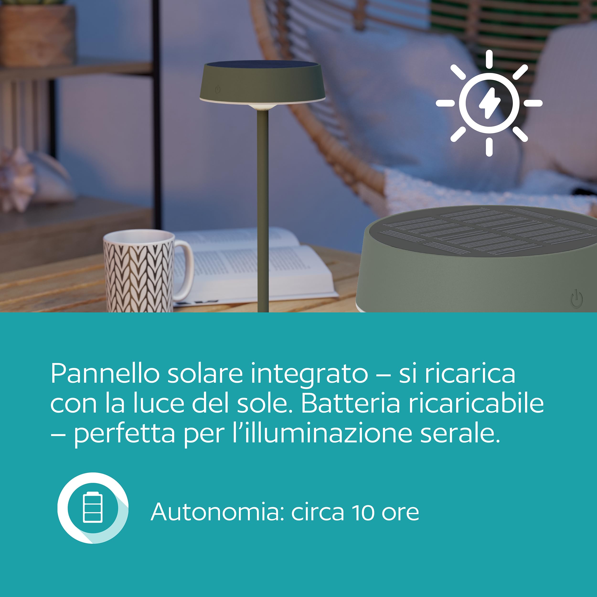 Eglo Lampada solare da tavolo a LED per esterni, a batteria, senza fili, touch, dimmerabile, in metallo verde, colore luce: bianco caldo/bianco neutro/bianco freddo, IP54