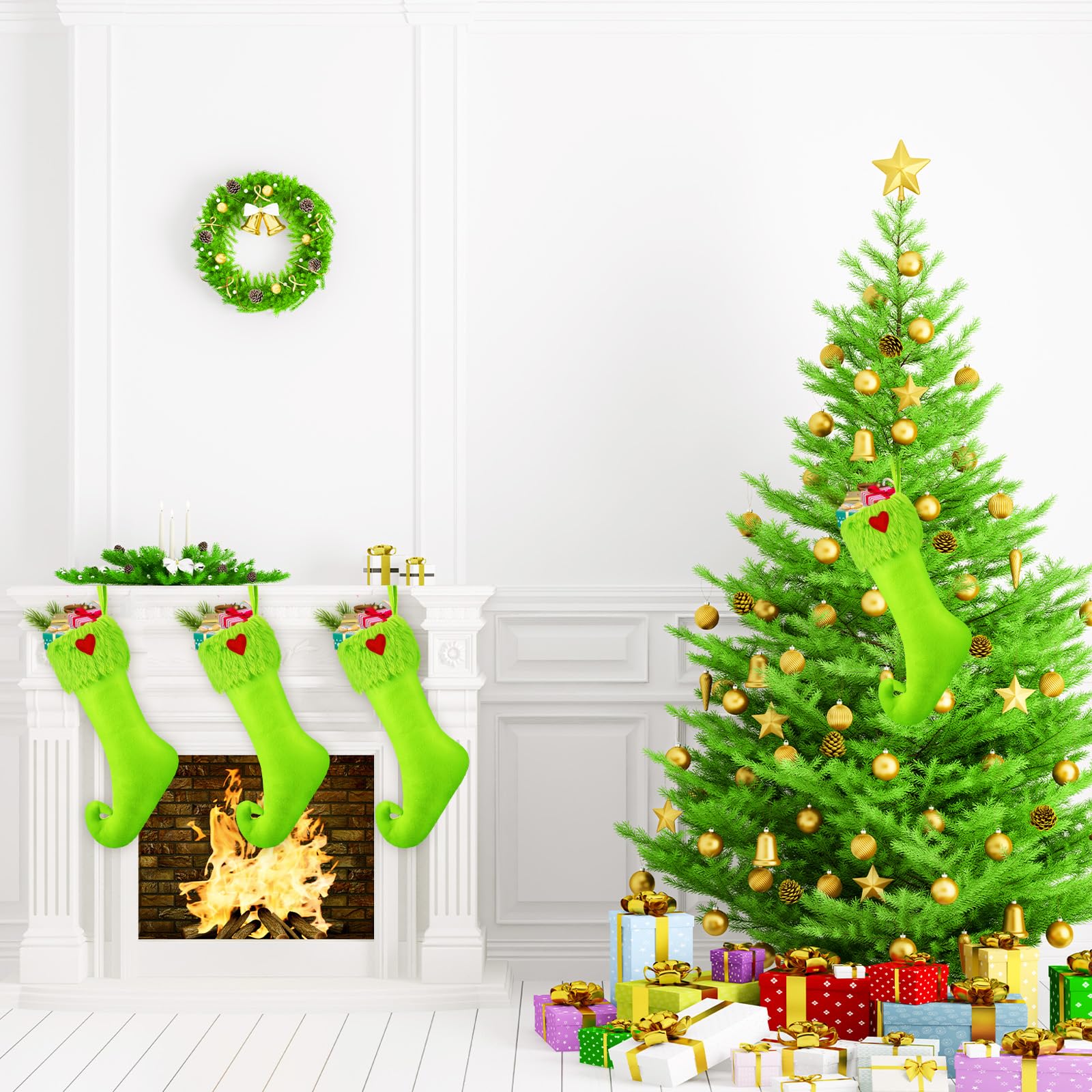 Coume Lot de 4 bas de Noël en fausse fourrure verte de 48,3 cm à suspendre pour sac à friandises, pochette à bonbons, cheminée, décoration à suspendre pour Noël, vacances, fête de famille
