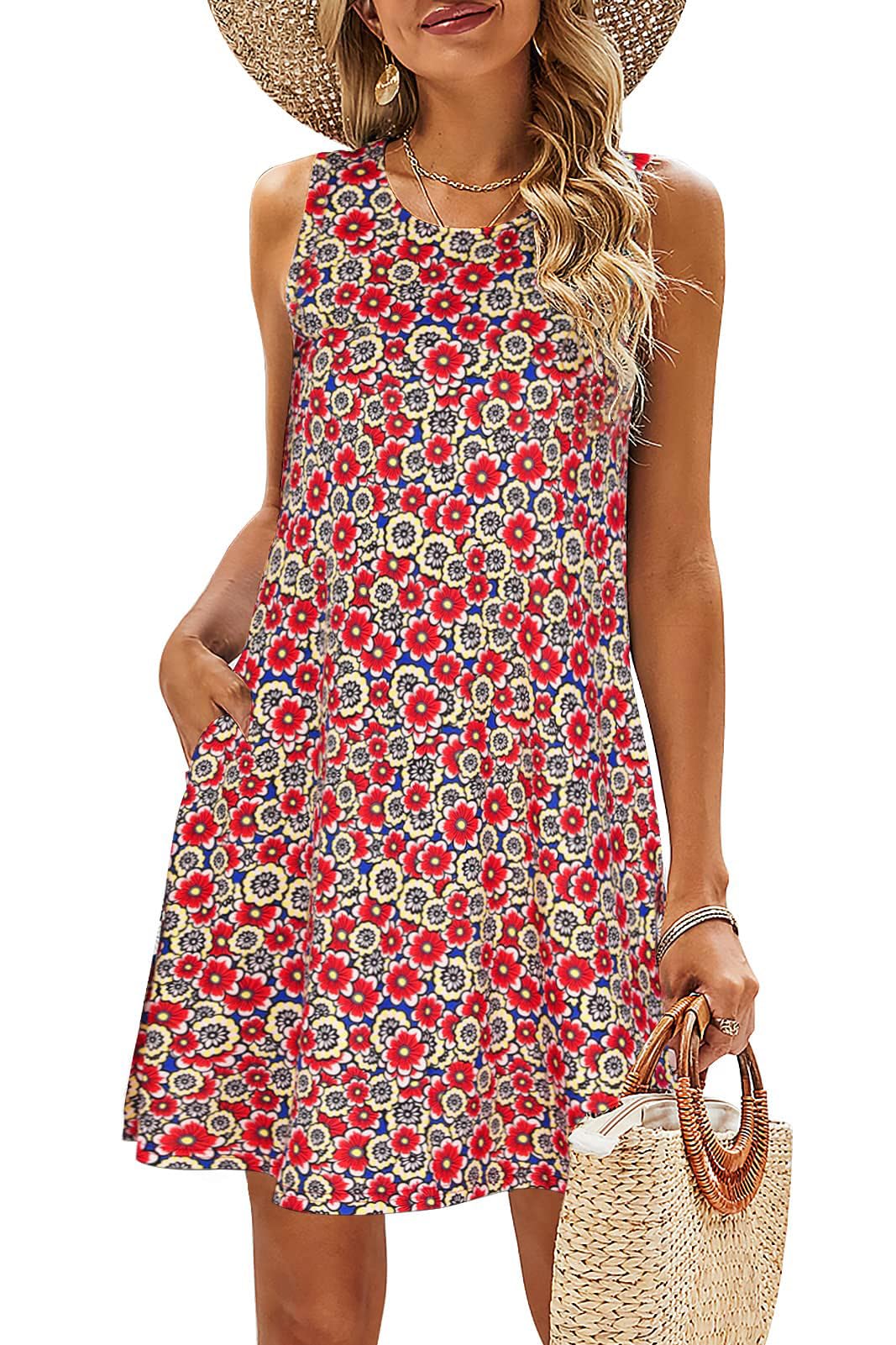 SimpleFun Summer Dresses for Women Beach Floral Tshirt Sundress Casual Pockets Boho Tank Dress