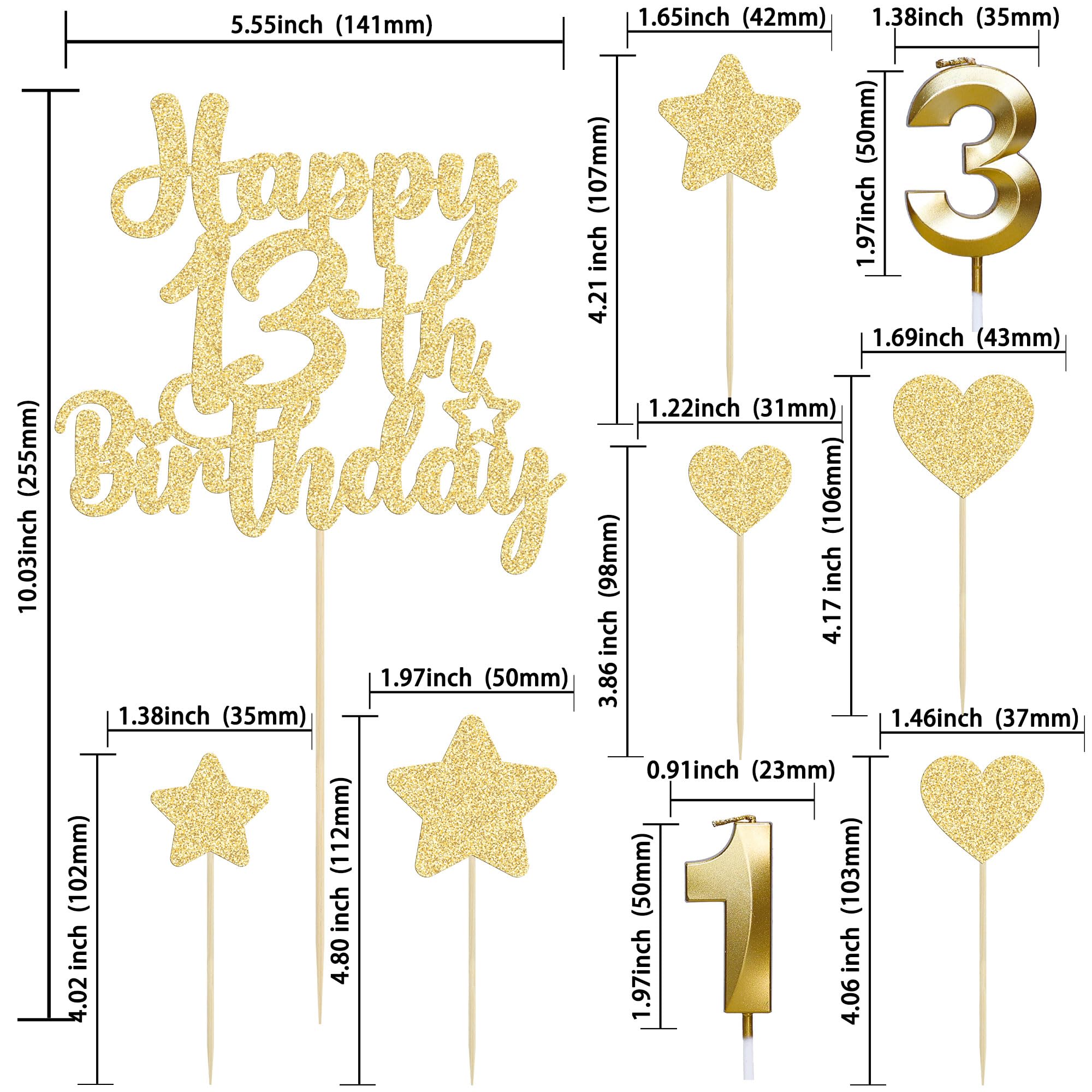Gyufise 15Pcs Happy 13th Birthday Cake Topper Set with Heart Star Glitter Cheers to 13 Years Cake Picks Number 13 Candles Cake Decorations for Happy 13th Birthday Anniversary Party Supplies Gold - Image 2