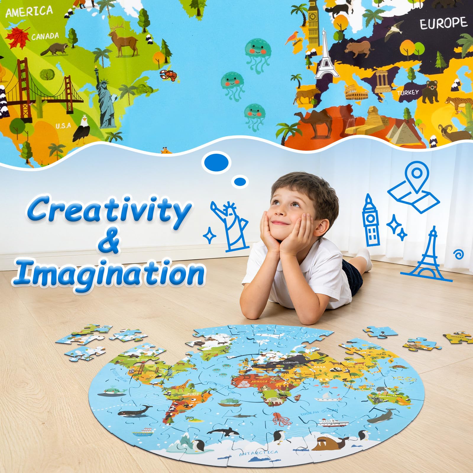 Puzzle Bambini 3 Anni, 70 Pezzi di Puzzle Della Mappa del Mondo, Giochi per Bambini Puzzle Cartone Materiale, Regalo Bambina per Feste di Compleanno 4 5 6 7 8 9 10 Anni
