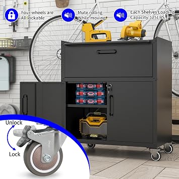 IKIMI Metal Tool Storage Cabinet on Wheels, 1 Drawer, 2 Lockable Doors & Adjustable Shelf, Rolling Garage Cabinet, Assembly Required