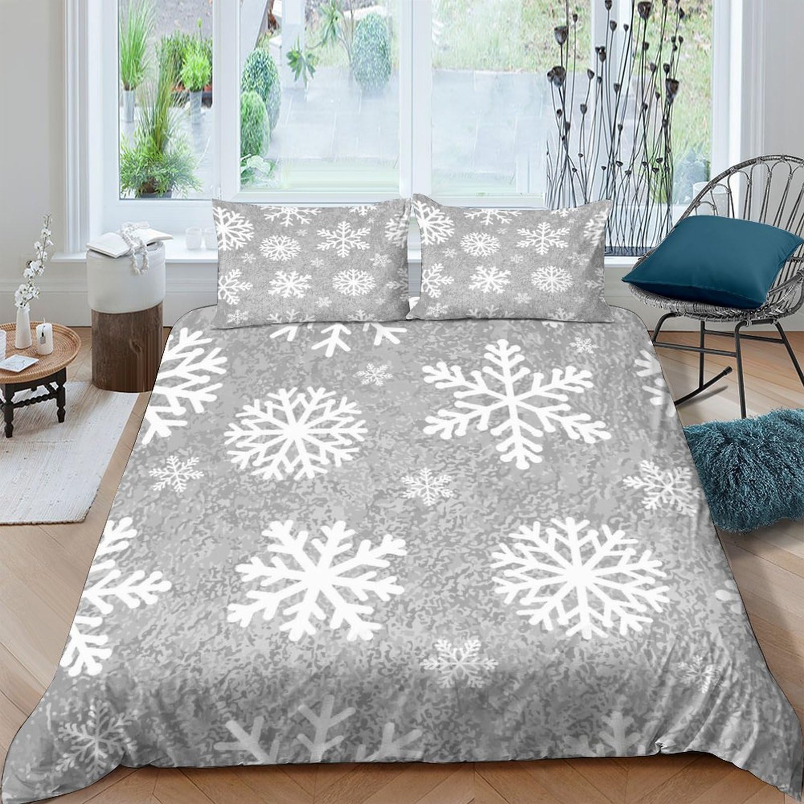 Ctjqhvkz Style-9 3D Printed Snowflake Pattern Fitted Sheet Microfiber Soft Grey Winter Bed Cover For Bedroom Guestroom Dorm Decor Single（135X200cm）