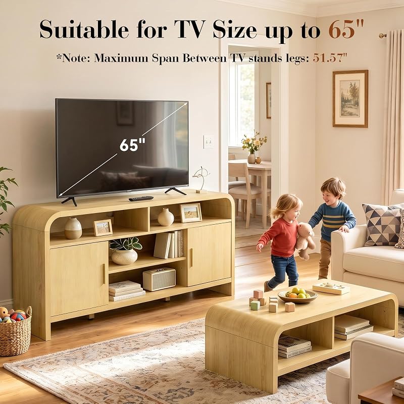 Curved Profile TV Stand for TVs Up to 65" | [P2 Engineered Wooden Board] 4 Open Storage & 2 Enclosed Cabinets, Television Console, Entertainment Center Media Cabinet image 5