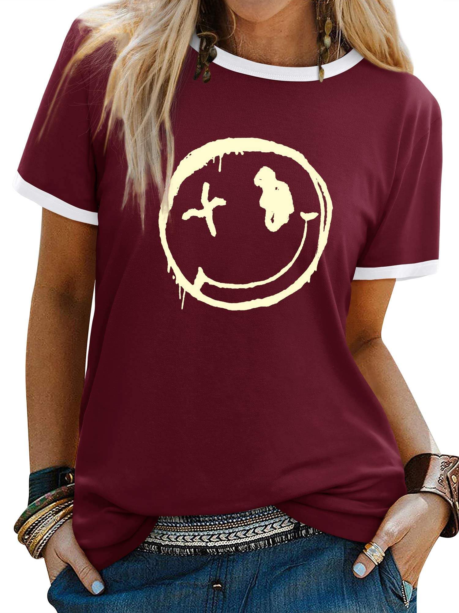 WIEIYM Tshirt Damen Rundhals Kurzarm T-Shirts Sommer T Shirts Brief Leichtes Shirt Gedruckt Lässig Tee Shirts Oberteile Tops Bluse