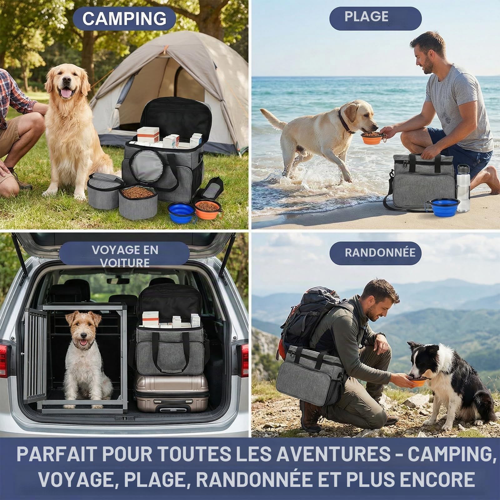 Sac de voyage pour chien avec 2 récipients et 2 bols pliables, imperméable | Bagage canin grande capacité, rangement repas et accessoires, adapté aux voyages, au camping, à la randonnée et à l’avion