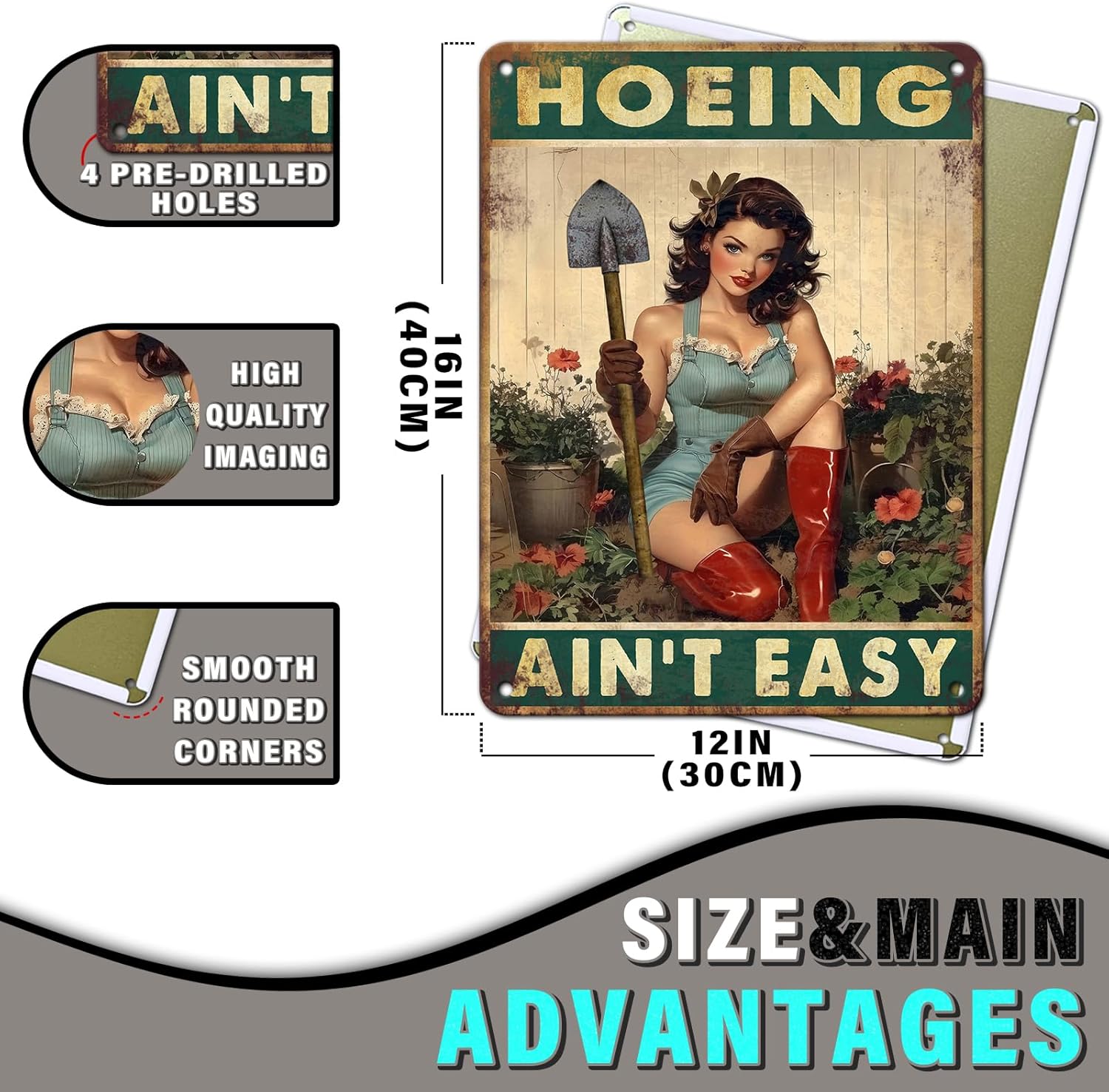 PEACHGARDEN Hoeing Ain't Easy Vintage Garden Signs for Outside Retro Rustic Aluminum Tin Poster Funny Gardening Gift for Women Outdoor Wall Art Decor for Plant & Gardening Lovers 12x16inch
