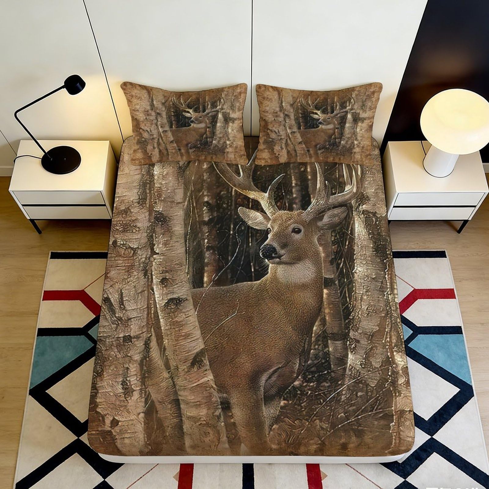 3D Printed Forest Deer Fitted Sheet Microfiber Soft Non-slip Woodland Stag Bed Cover for Bedroom Guest Room Decor 90x200x25cm
