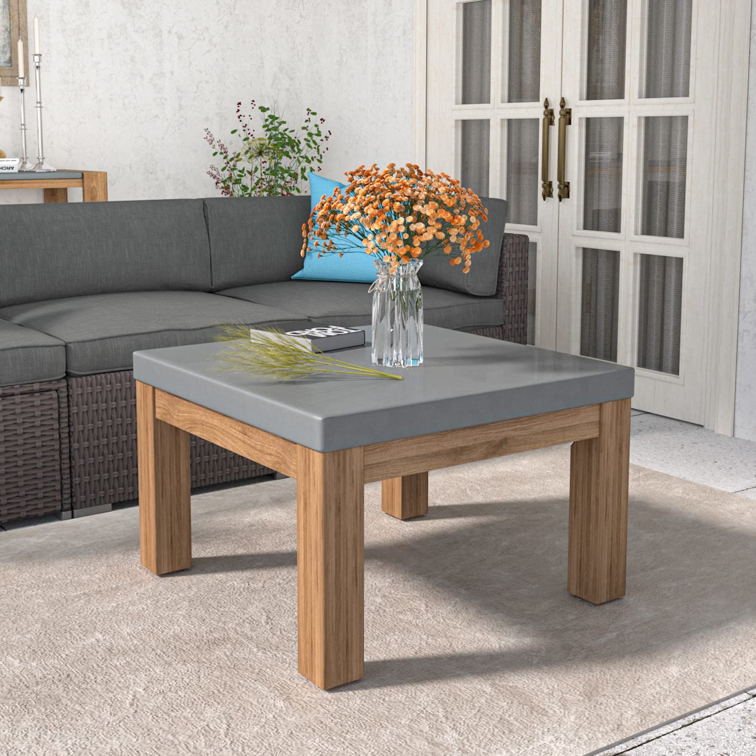 SUNBURY Outdoor Side Table, 26" W Concrete Coffee Table w Solid Wood Legs, Outdoor Patio Coffee Table, Square Coffee Table for Patio, Garden, Grey