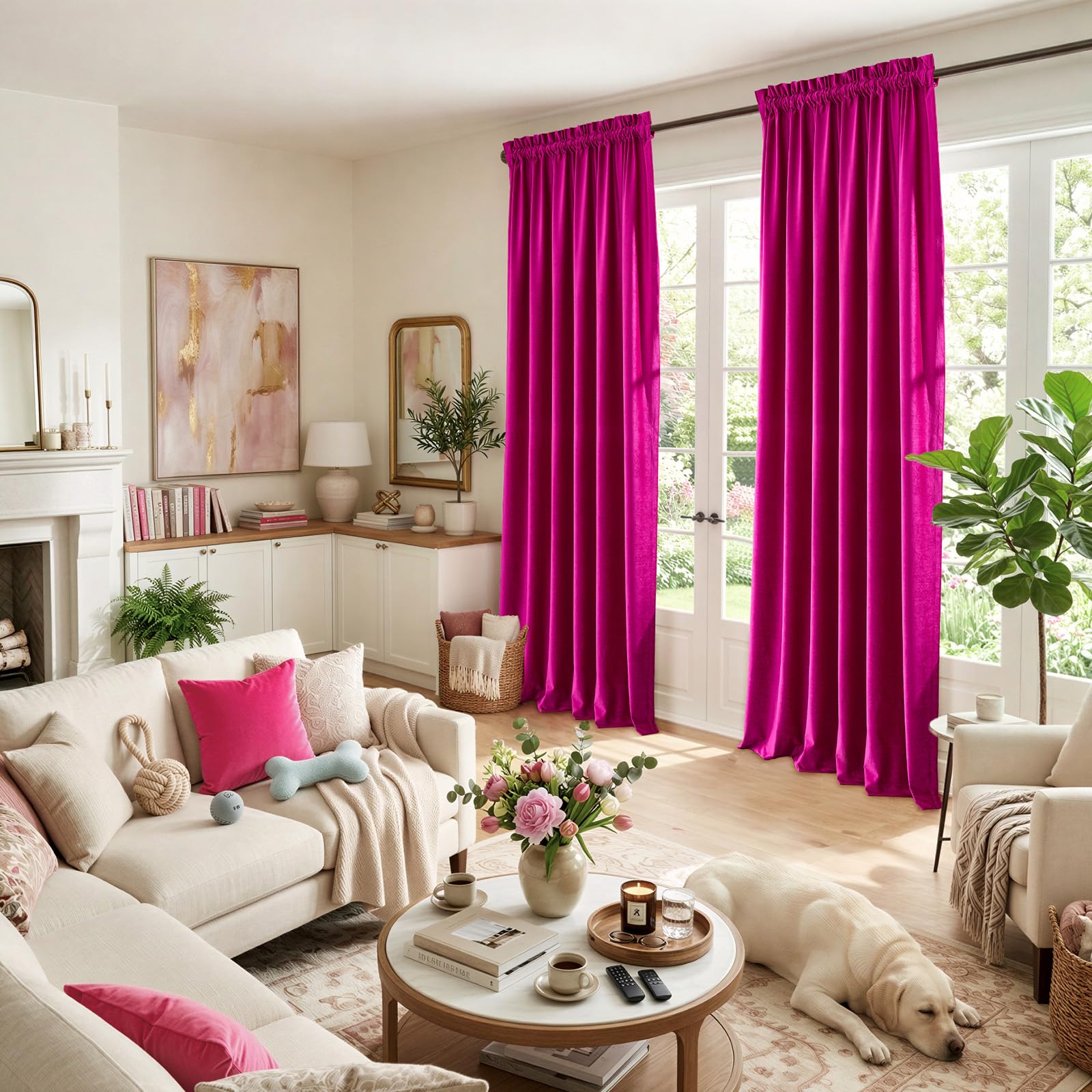 Samtvorhänge, 213,4 cm, für Wohnzimmer, luxuriös, verdunkelnder Vorhang, Fuchsia, elegant, Schlafzimmer, wärmeisoliert, modern, schwer, dick, weich, schalldicht, mit Stangentaschen, Fenstervorhänge