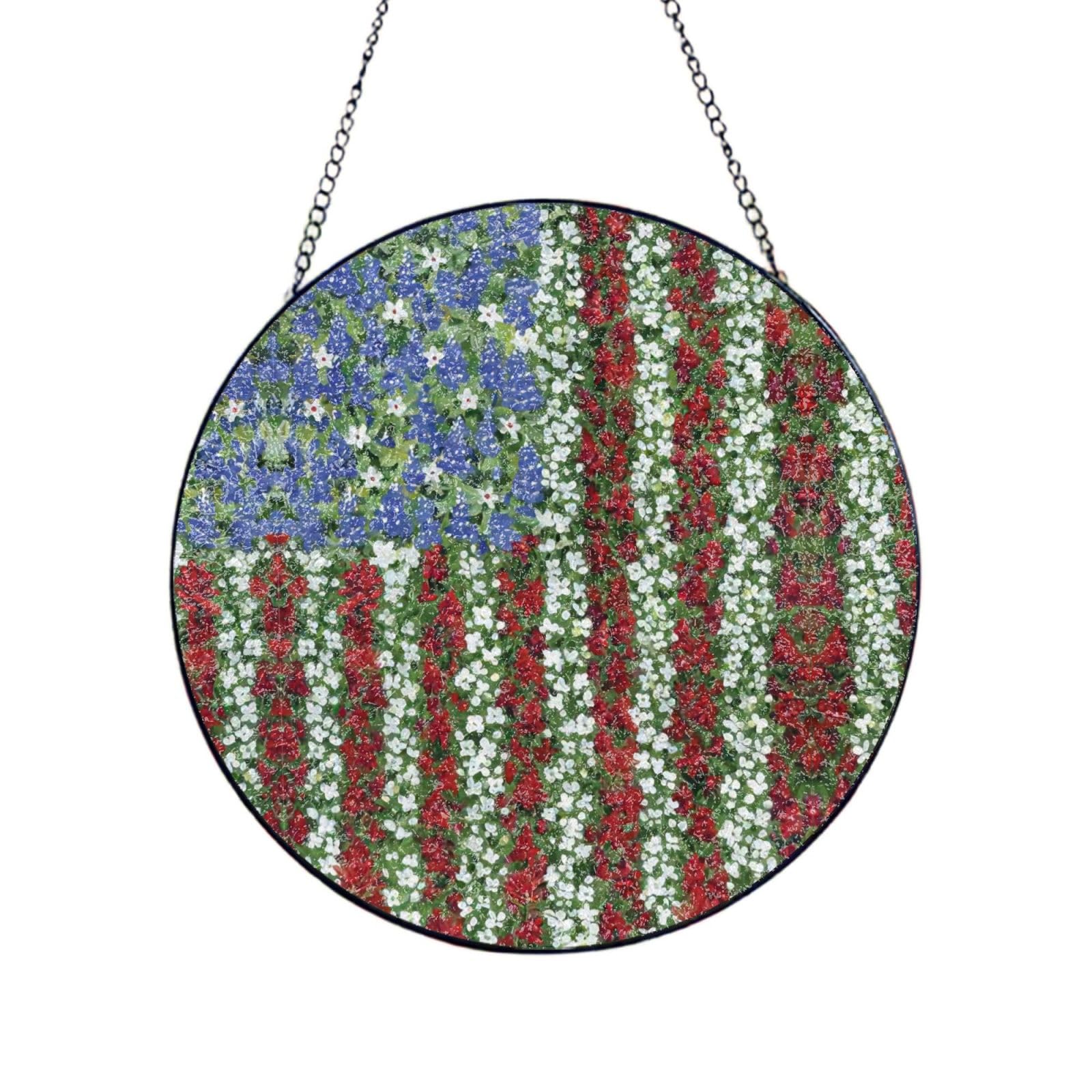 Phayah America Patriotic Flower Print Glass Window Hanging Sun Catchers Suncatcher Decor For Birthday For Home Garden Porch 6in（15cm）