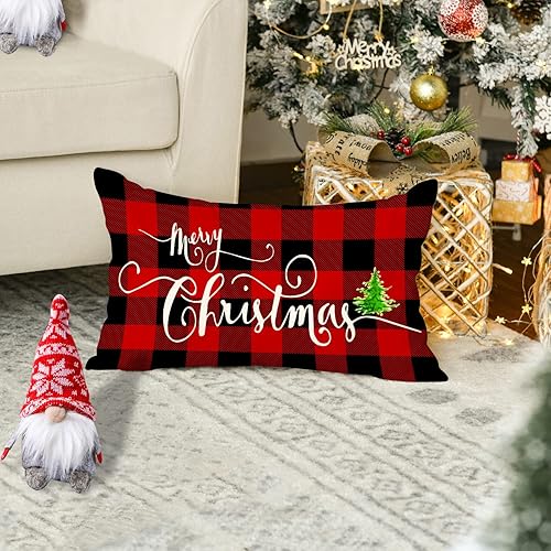 Miniatura 6 de Jbralid Fundas de almohada de Navidad de 16 x 24 pulgadas color rojo y negro a cuadros decoración de Navidad árbol de Navidad funda de almohada de