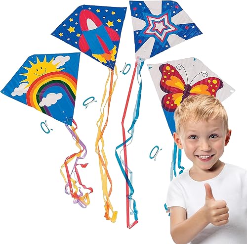 Fun Express - Paquete surtido de cometas voladoras de 28 x 28 pulgadas con colas de 54 pulgadas, estilos y colores surtidos, 200 pies de cuerda con