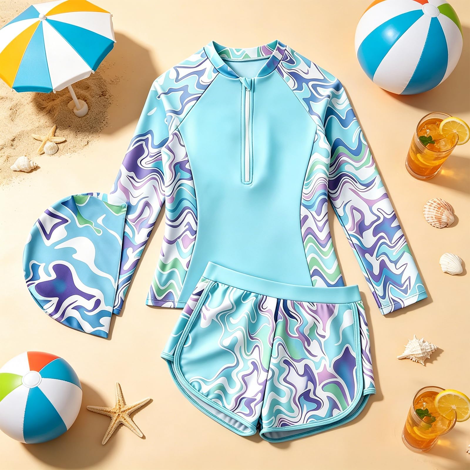 UV Badeanzug Mädchen 2-teilig, Langarm Rashguard Set mit Shorts, Kinder UV Badebekleidung mit Sonnenschutz, Teenager Schwimmanzug mit Polster, Schwimmshirt & Badehos