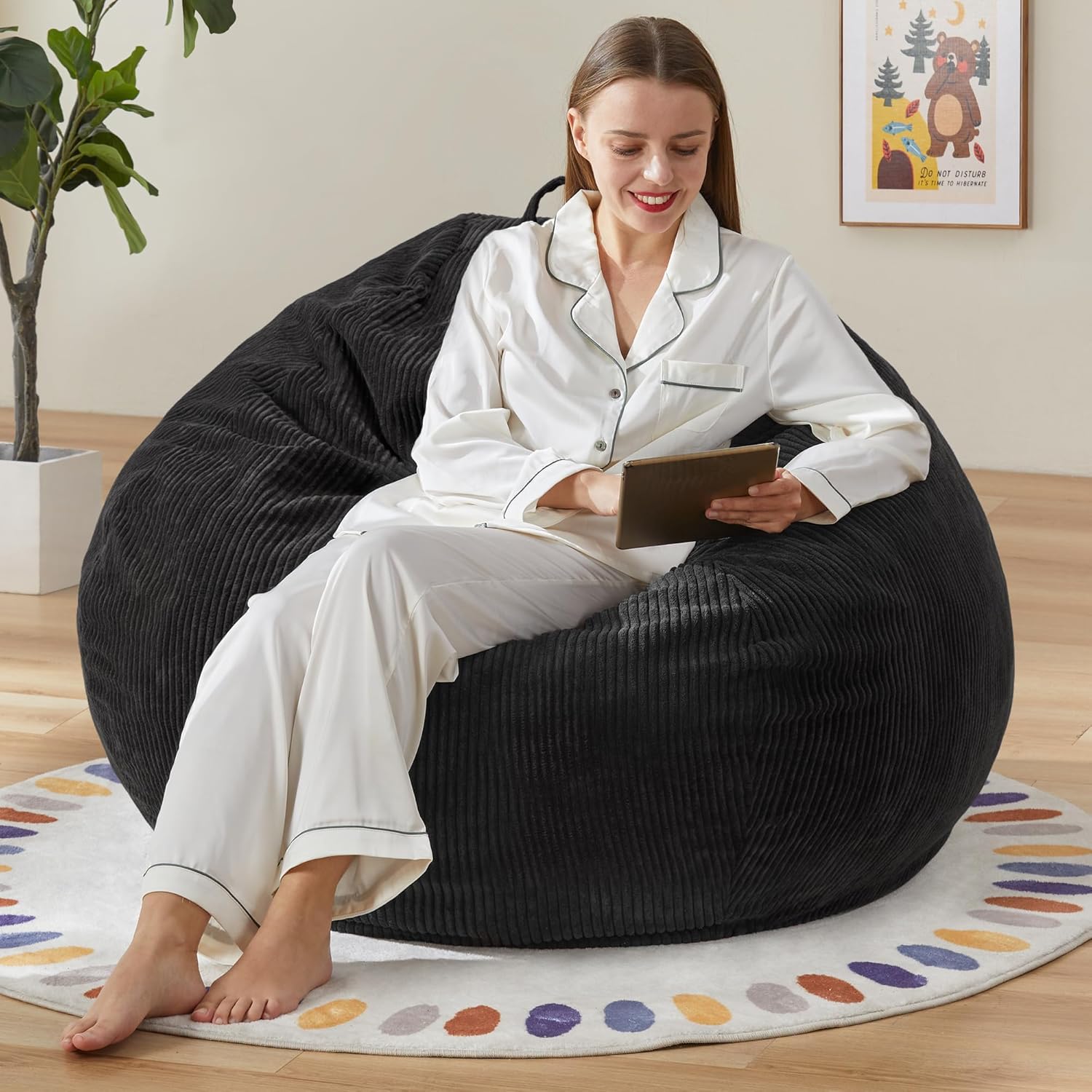 Hobestluk 3.5FT Bean Bag Chair Adult Bean Bag Chair Large Bean Bag Chair with Filler Included Teardrop Bean Bag Chair with Removable Cover for Bedroom Living Room - (Large, Black) Black 3.5FT