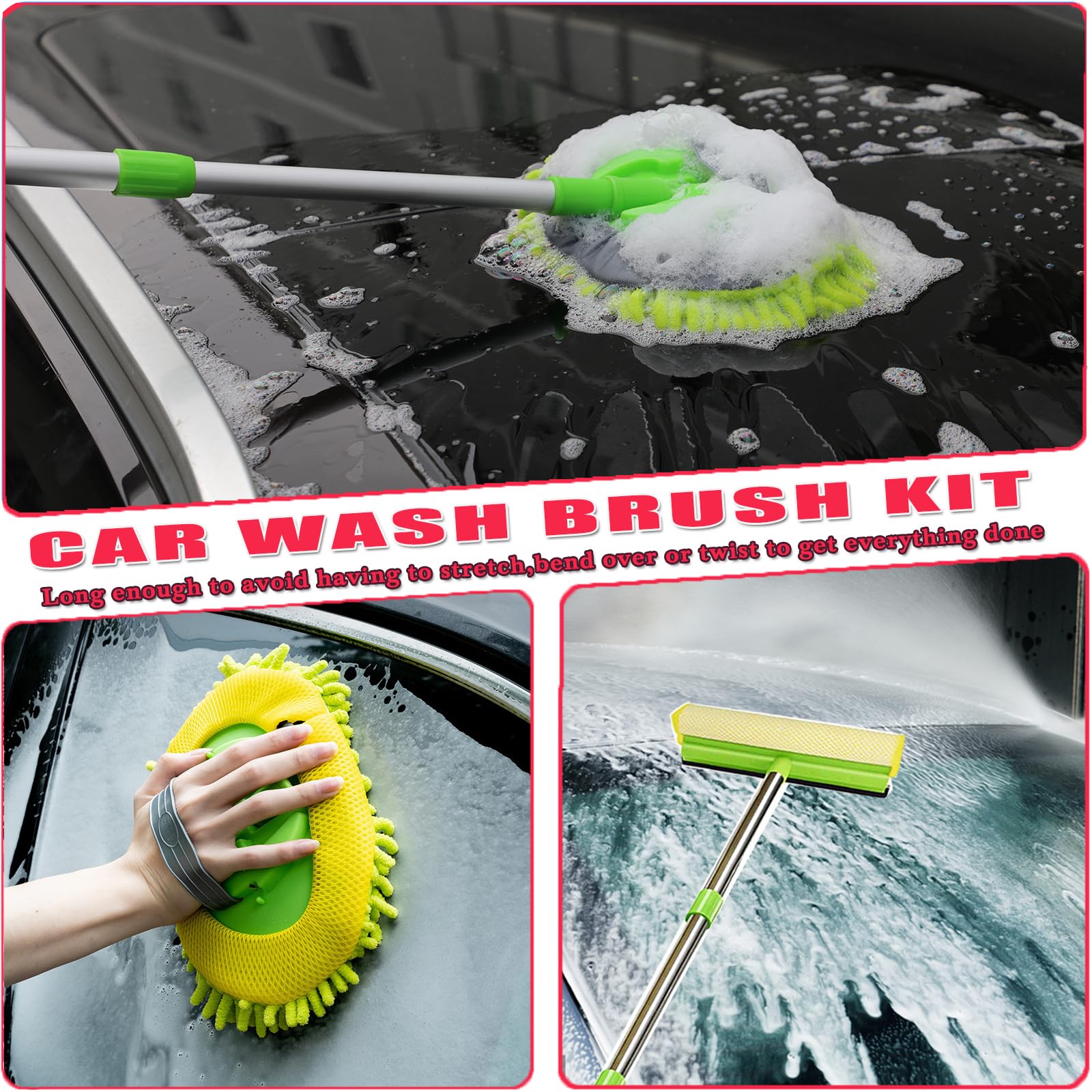 Cepillo de Lavado de Coche de 62 Pulgadas con Mango Largo, cerdas Suaves sin arañazos, Kit de fregona de Lavado de Coche, Kit Completo de Cepillo de Limpieza de Coche, Guante de Lavado,