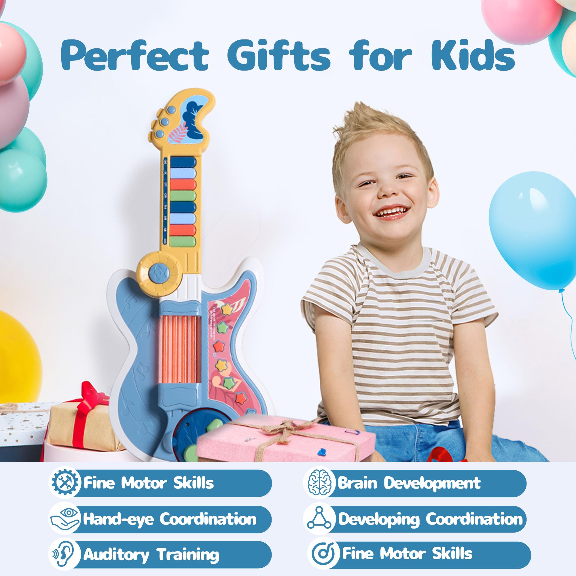 Guitarra para niños pequeños, guitarra y piano 4 en 1 para niños pequeños de 2 a 4 años con proyector de canción de cuna, juguete para niños, instrumentos musicales, juguetes para niños de 3, 4, 5 7