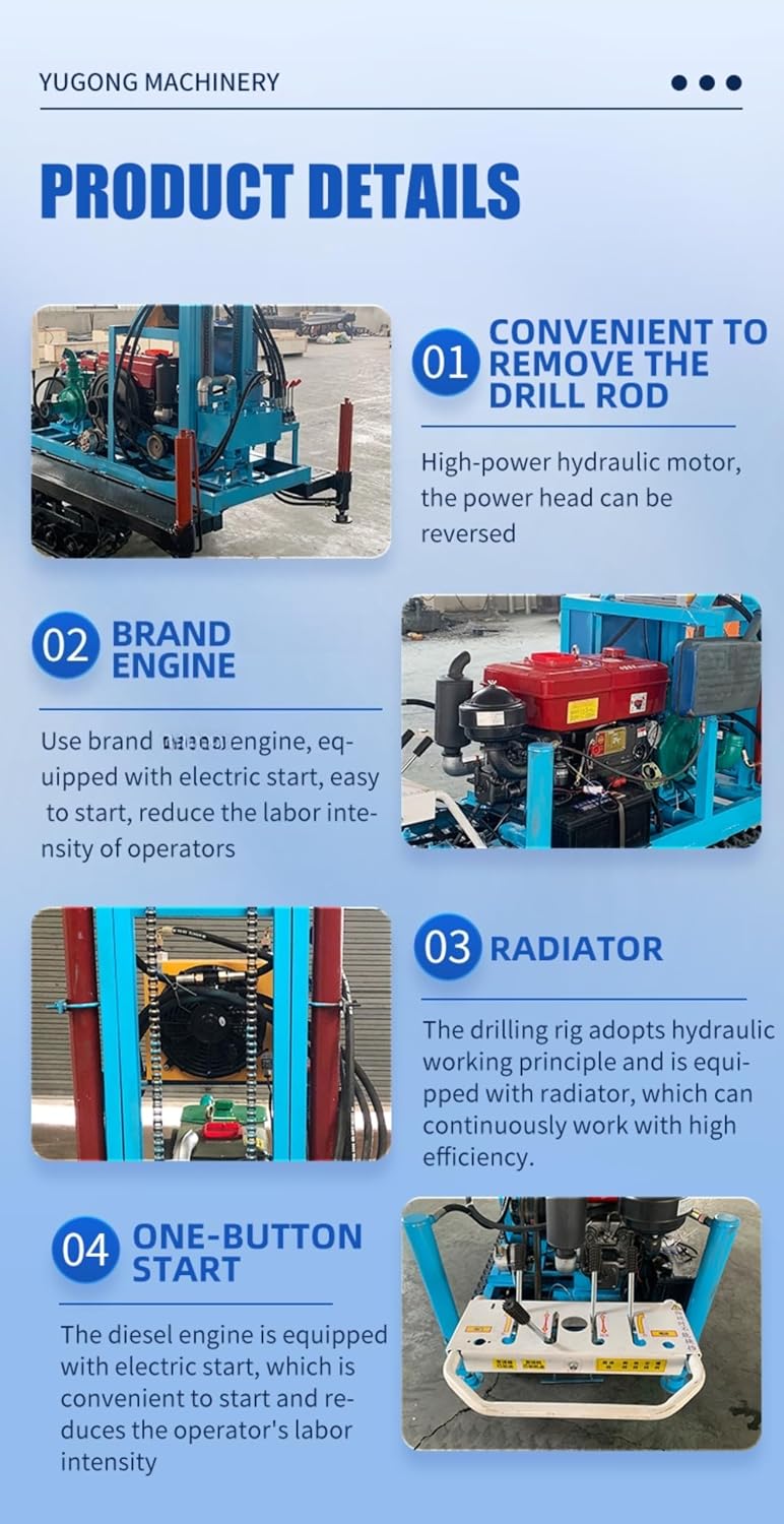 200M Portable Hydraulic Borehole Drill Rig, Easy Transport Water Well Drilling Machine Crawled Borehole Machine for Backyard Installation & Small Farm Irrigation