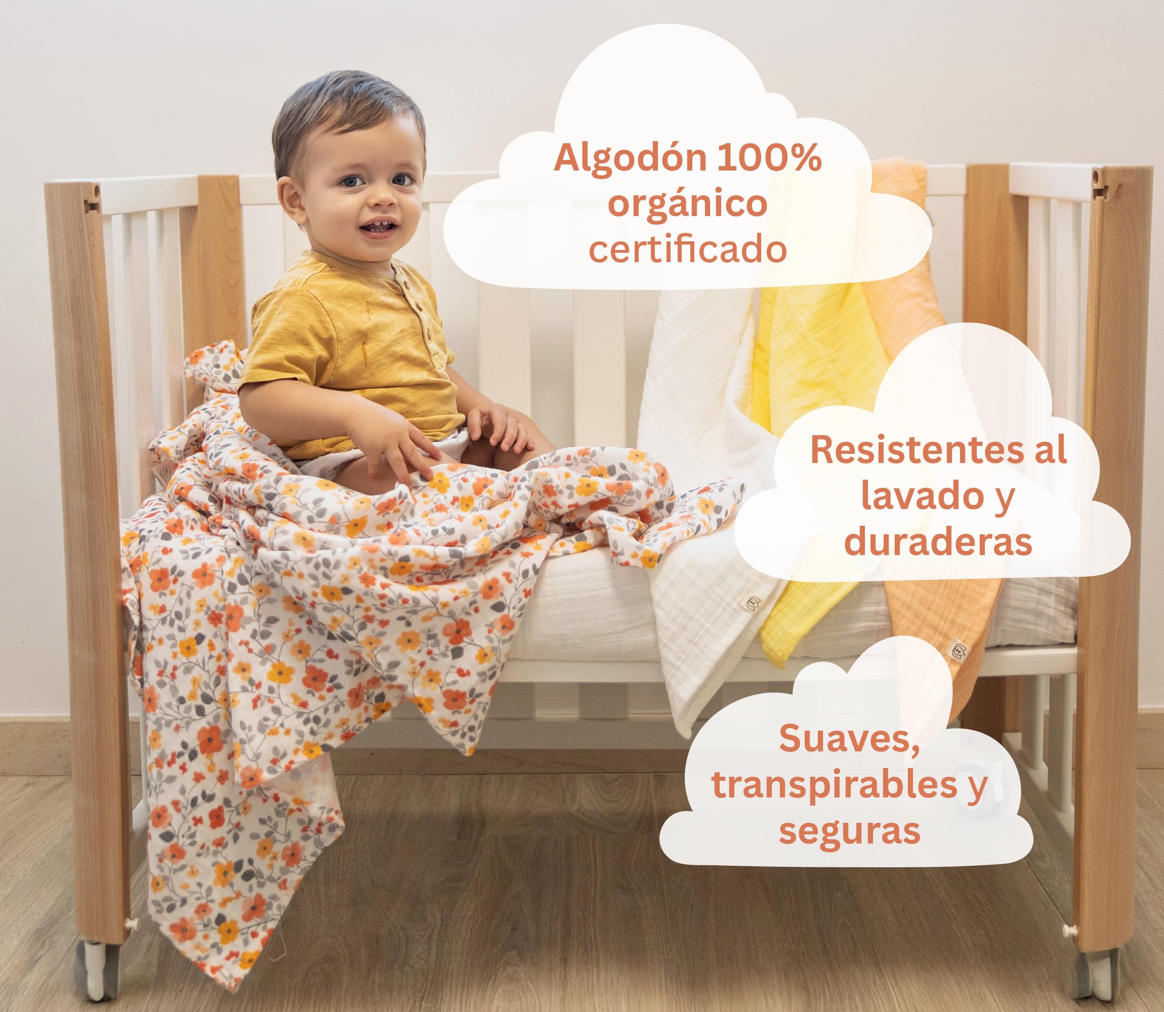 Nayla Muselinas Bebe Algodon 120x120 y 65x65-100% Organico con Gasas Grandes Suaves para Recién Nacido Muy Versátiles como Arrullo para Verano - Manta Ligera Color Amarillo Flores.