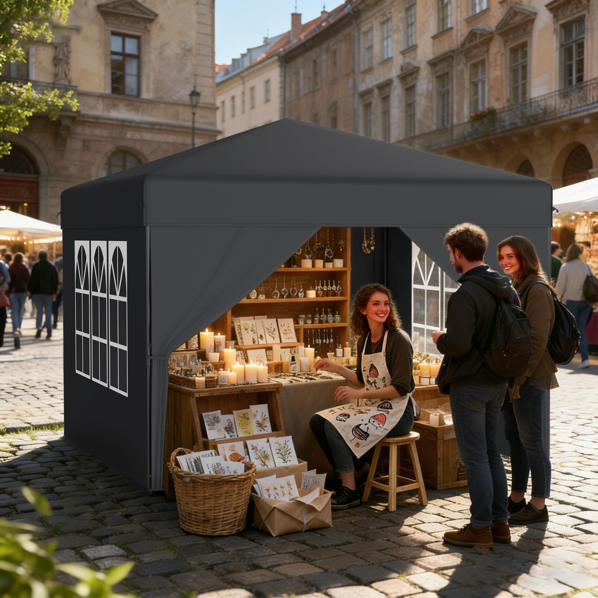 UISEBRT Tonnelle pop-up 2,5 x 2,5 cm, étanche, stable, résistante à l'hiver, anti-UV, pliable, avec 4 panneaux latéraux, verrouillage centralisé à un bouton, 3 hauteurs réglables 240 à 260 cm, pliable