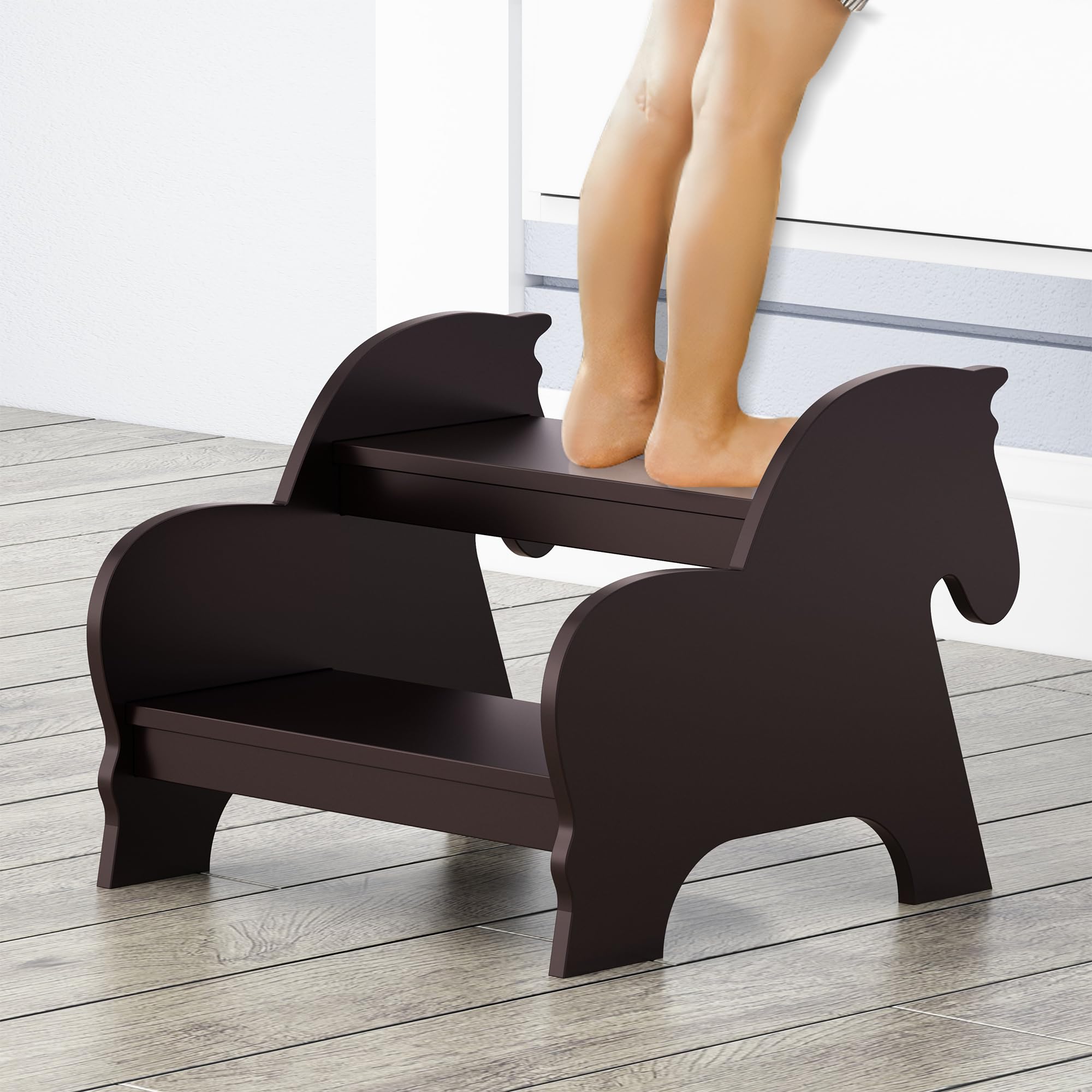 Wood Step Stools for Kids, Child Two Step Stool of Horse Shape, Toddler Step Stool Kitchen Helper Potty Training Stool, Easy to Move Safety Stepping Stool for Kitchen, Bathroom, Bedroom, Toilet