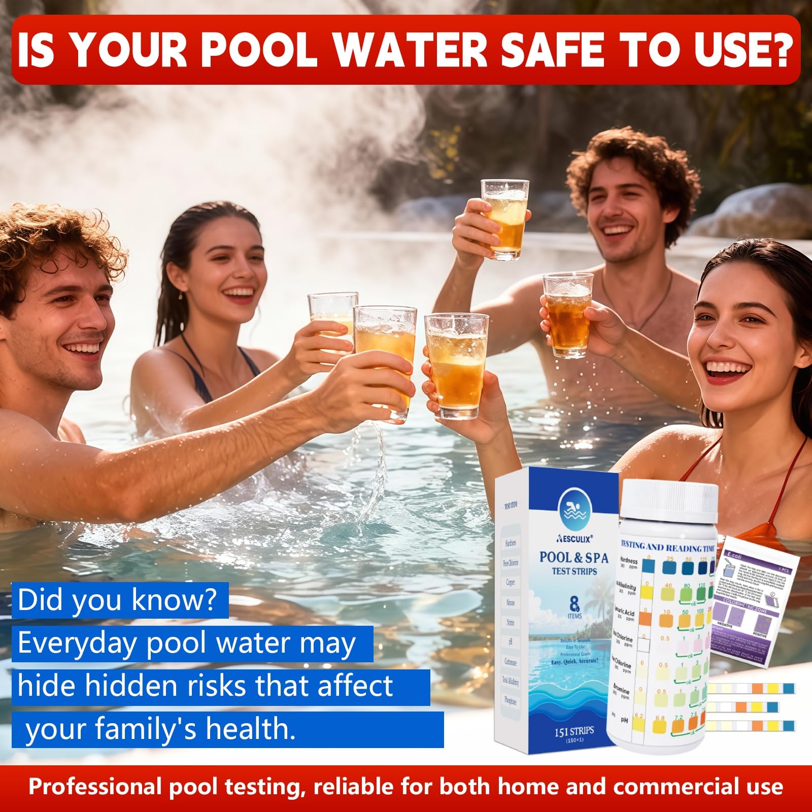 Tiras de prueba 8 en 1 para piscina, kit de prueba de agua de spa y jacuzzi, kit de prueba de agua de piscina para cloro libre, cloro total, bromo, pH, alcalinidad, dureza, ácido cianúrico
