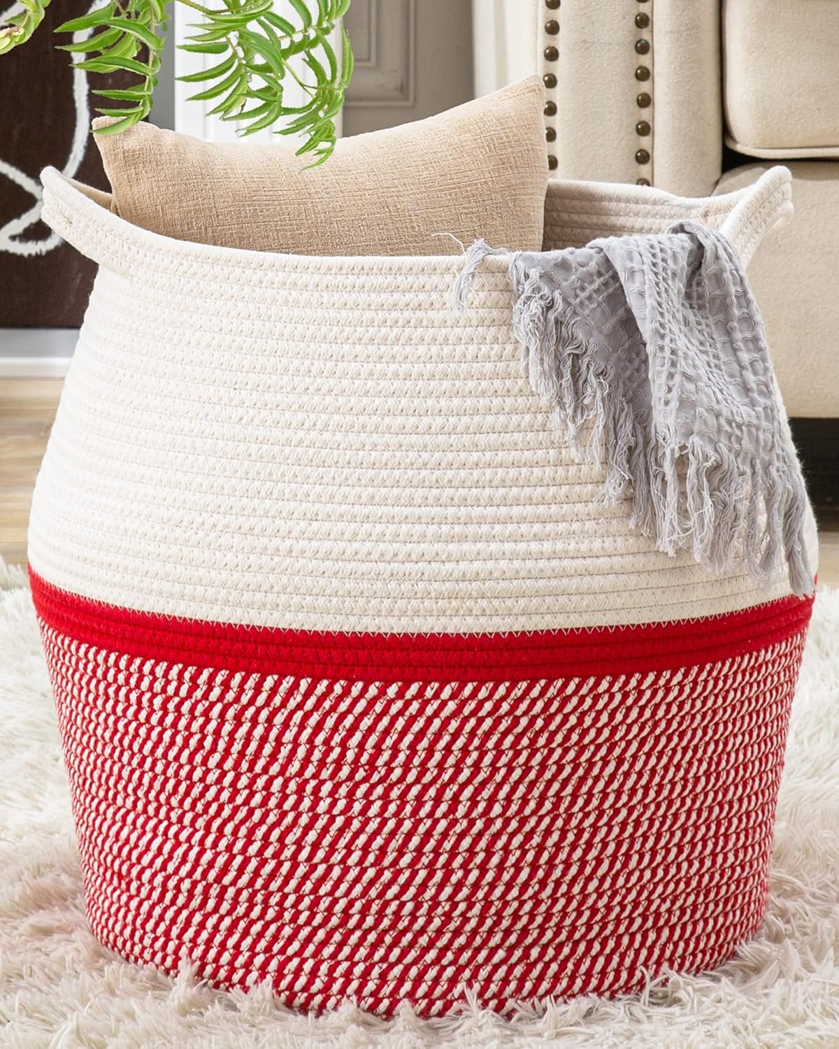 KAKAMAY Woven Baskets for Storage(17"x17"),Large Cotton Rope Woven Baby Laundry Hamper,Collapsible Laundry Basket, Blanket Basket for Organizing Living Room,Nursery,Pillows,Toy Chest(Red)