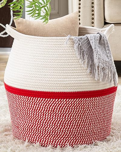 KAKAMAY Cestas tejidas para almacenamiento (17 x 17 pulgadas), canasta grande de cuerda de algodón tejida para bebé, cesta de lavandería plegable,