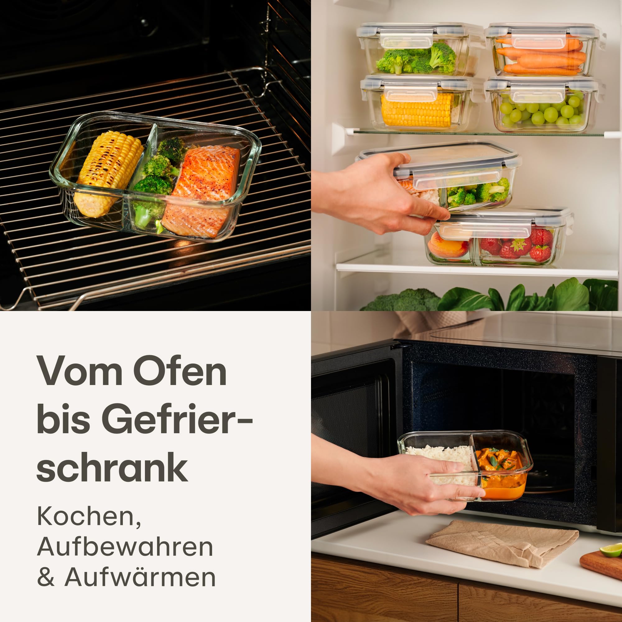 Praknu Meal Prep Boxen Glas 2 Fächer - 2er Set Meal Prep Containers 1l - Luftdichter Glasbehälter mit Deckel - Geeignet für Spülmaschine, Mikrowelle & Ofen - Mealprepboxen - Frischhaltedosen Glas