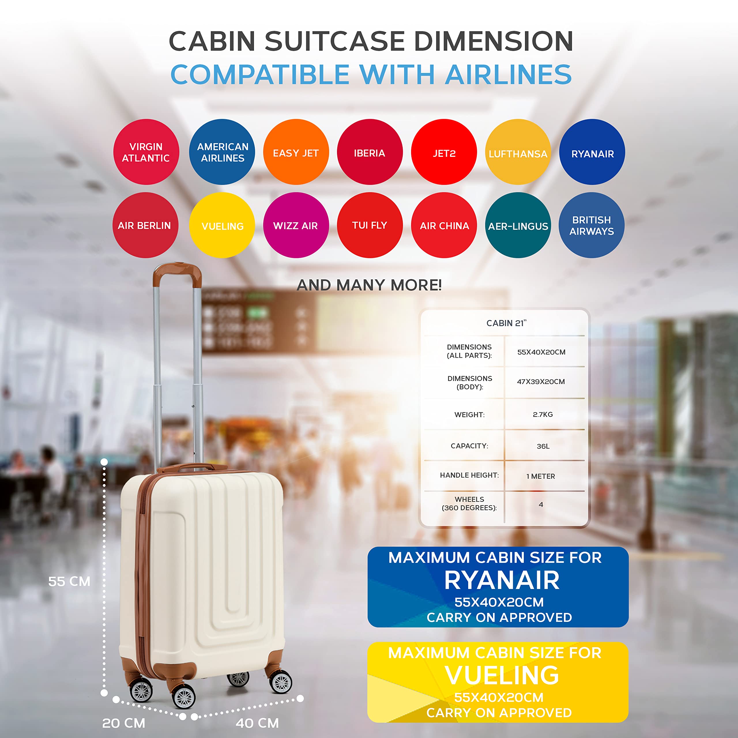 Flight Knight Premium Set of 2 Lightweight Cabin Suitcase - 8 Spinner Wheels - Built-in TSA Lock & USB Port - Luggage Approved for Over 100 Airlines Including Ryanair Priority - 55x40x20cm