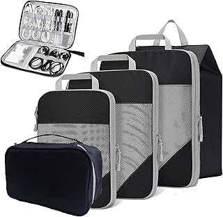 YOLOK Compression Packing Cubes Travel Organizer, 6 Set Packing Cubes for Carry-on Luggage with 3 Compressible Luggage Cubes, Shoe Bag, Underwear Cube, Cable Organizer(Black)