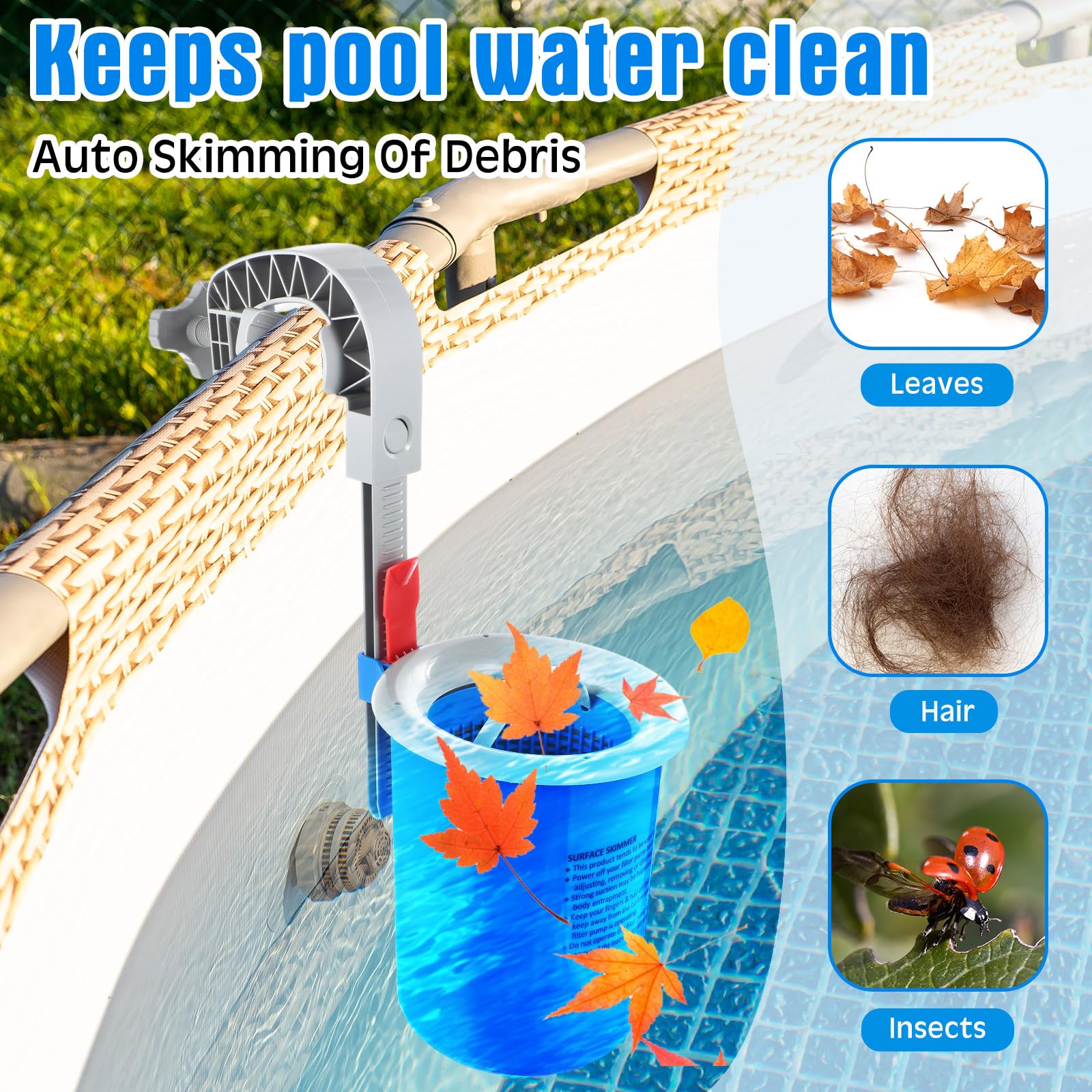 Tujoe Skimmer de superficie de piscina sobre el suelo con 30 calcetines de filtro de limpieza, skimmer de superficie de montaje en pared con manguera y cesta, se fija a collares inflables para el